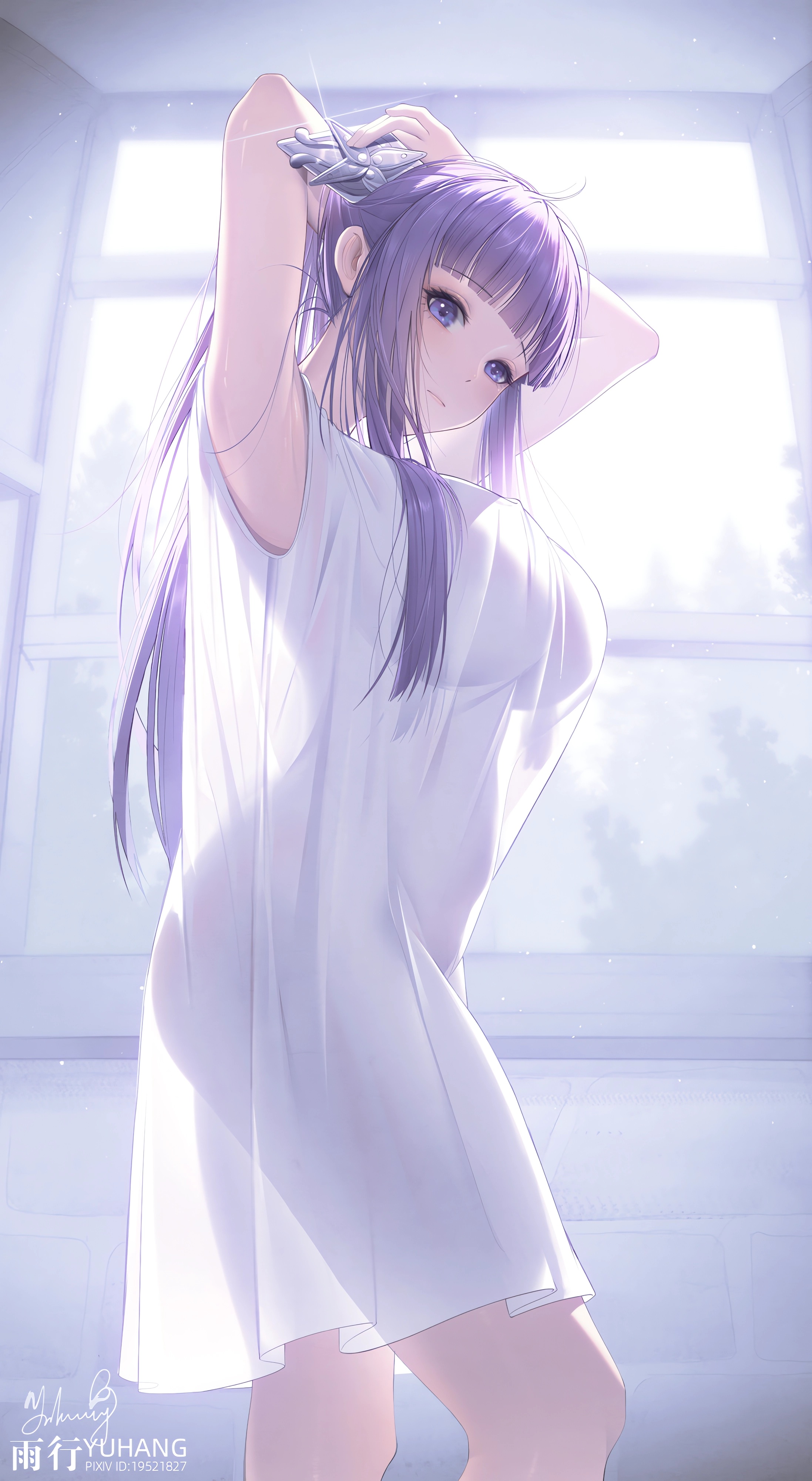 Anime 2194x4000 Sousou No Frieren armpits portrait display standing Fern (Sousou No Frieren) looking at viewer arms up see-through clothing dress see-through dress window purple hair huge breasts purple eyes signature watermarked blushing Yuxing Yuhang indoors women indoors long hair closed mouth blunt bangs hair ornament silhouette anime girls side view by the window bangs