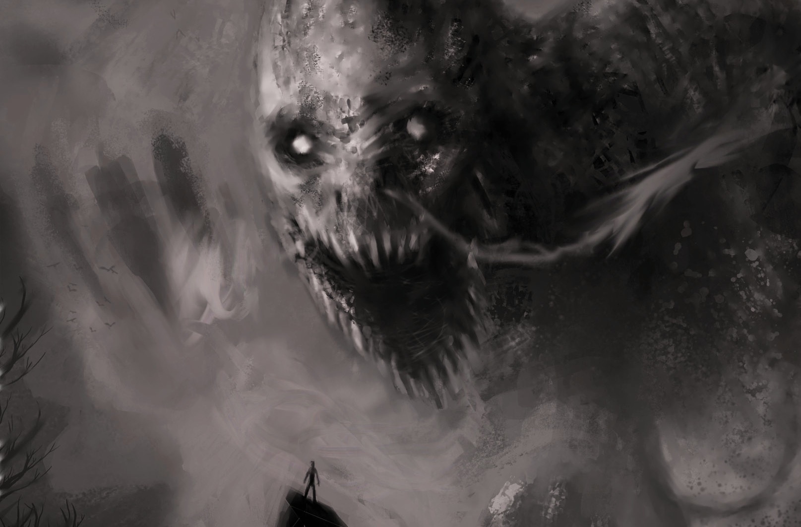 General 1615x1062 horror monochrome illustration open mouth standing giant digital art creature branch