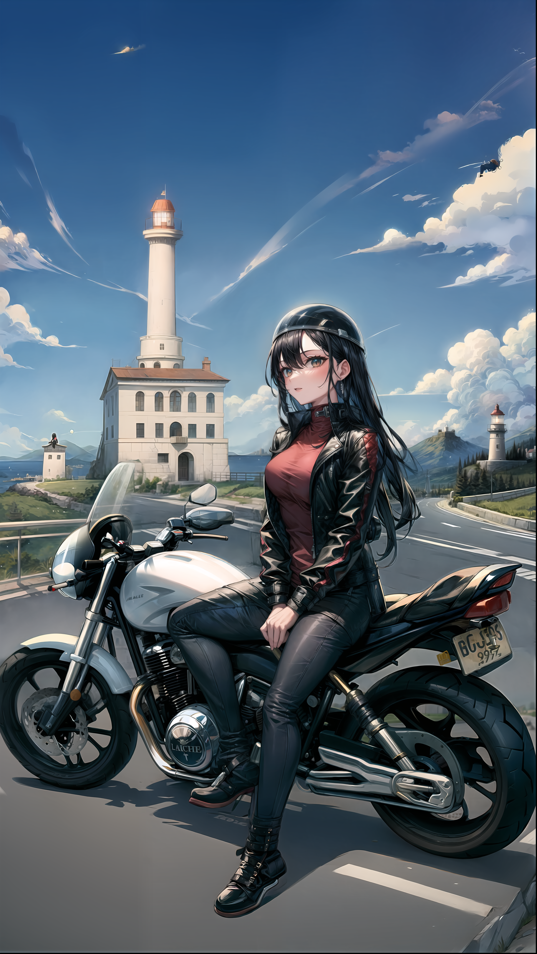 Anime 1824x3240 AI art motorcycle clouds anime girls