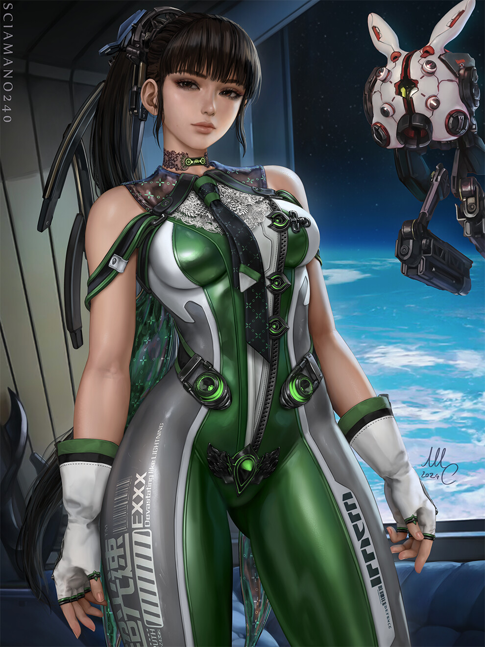 General 990x1320 Mirco Cabbia drawing Eve (Stellar Blade) green clothing spaceship science fiction