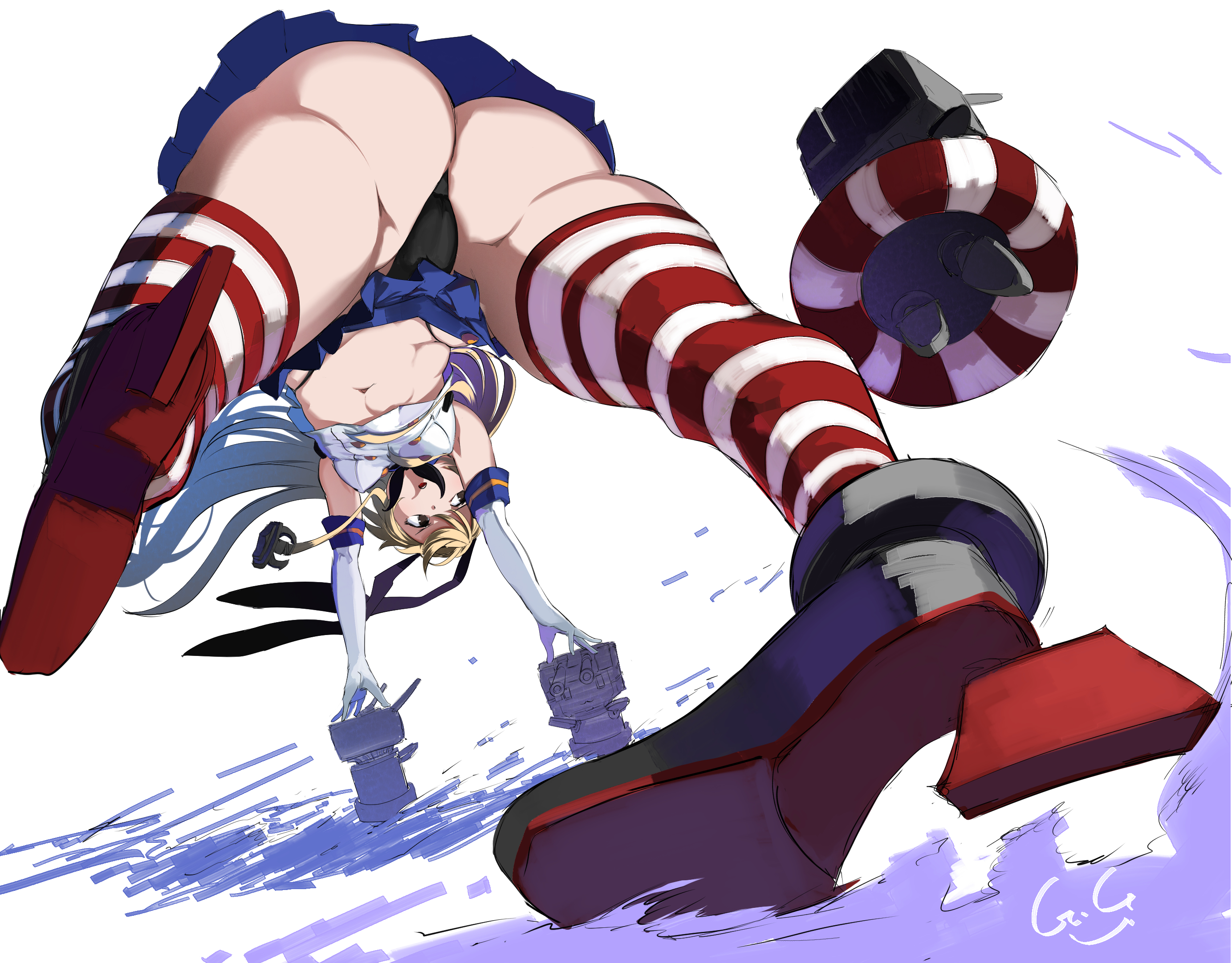 Anime 2767x2164 Kantai Collection Gegeron Shimakaze (Kancolle) ass Rensouhou-chan gloves low-angle elbow gloves striped stockings floater white background thighs simple background skirt micro skirt small boobs white gloves signature