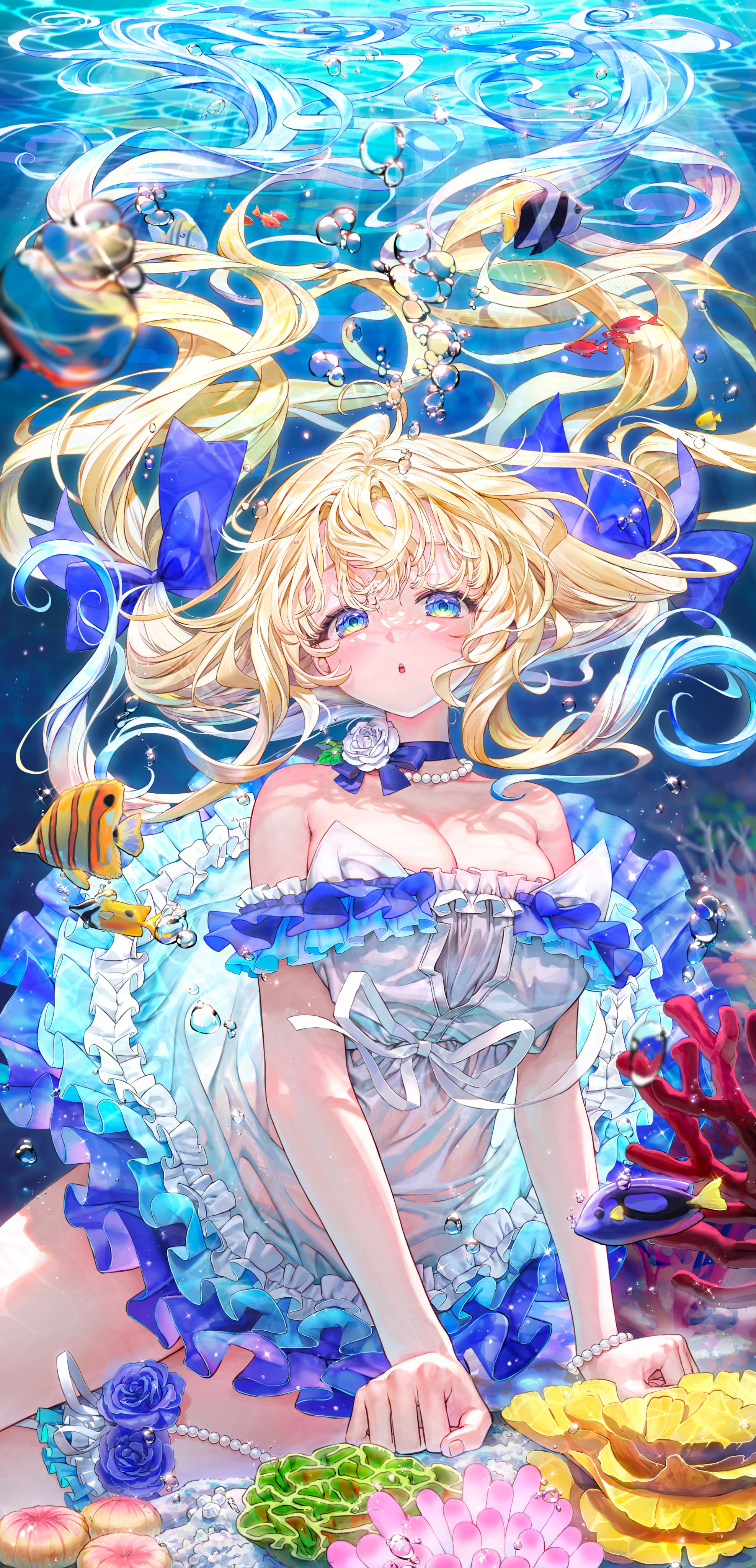 Anime 1975x4096 Oohhya portrait display underwater white dress gradient hair blue eyes looking at viewer coral cleavage wet clothing bare shoulders bubbles big boobs strapless dress fish water dress