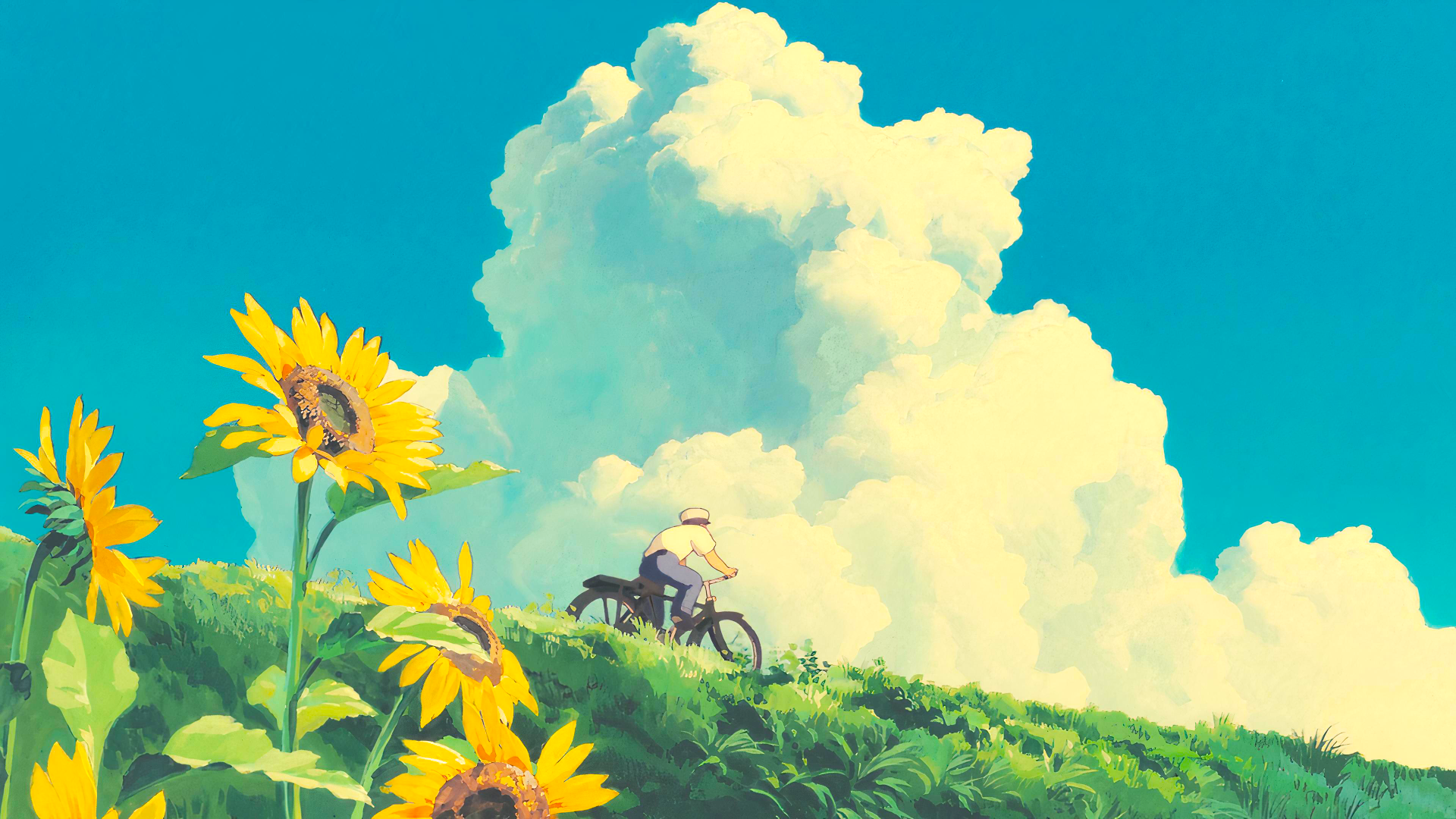 Anime 1920x1080 artwork anime clouds grass sunflowers sky cycling