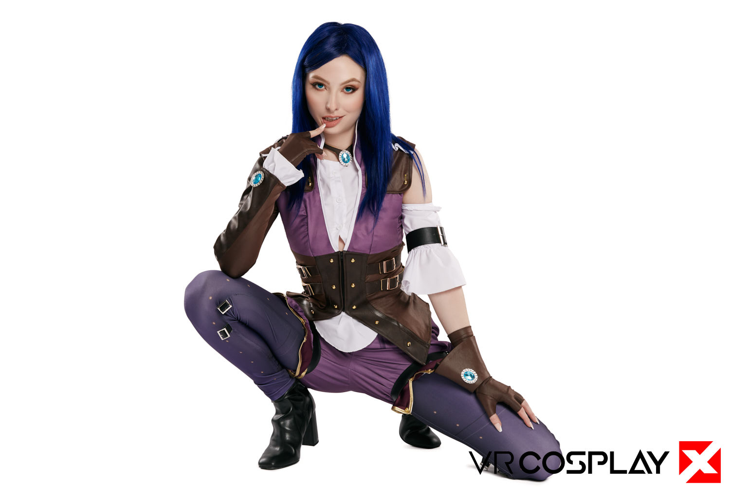 People 1500x1000 VRCosplayX model blue hair cosplay Ailee Anne hair   Caitlyn (League of Legends) League of Legends straps simple background smiling gloves fingerless gloves white background logo video game girls blue eyes American women