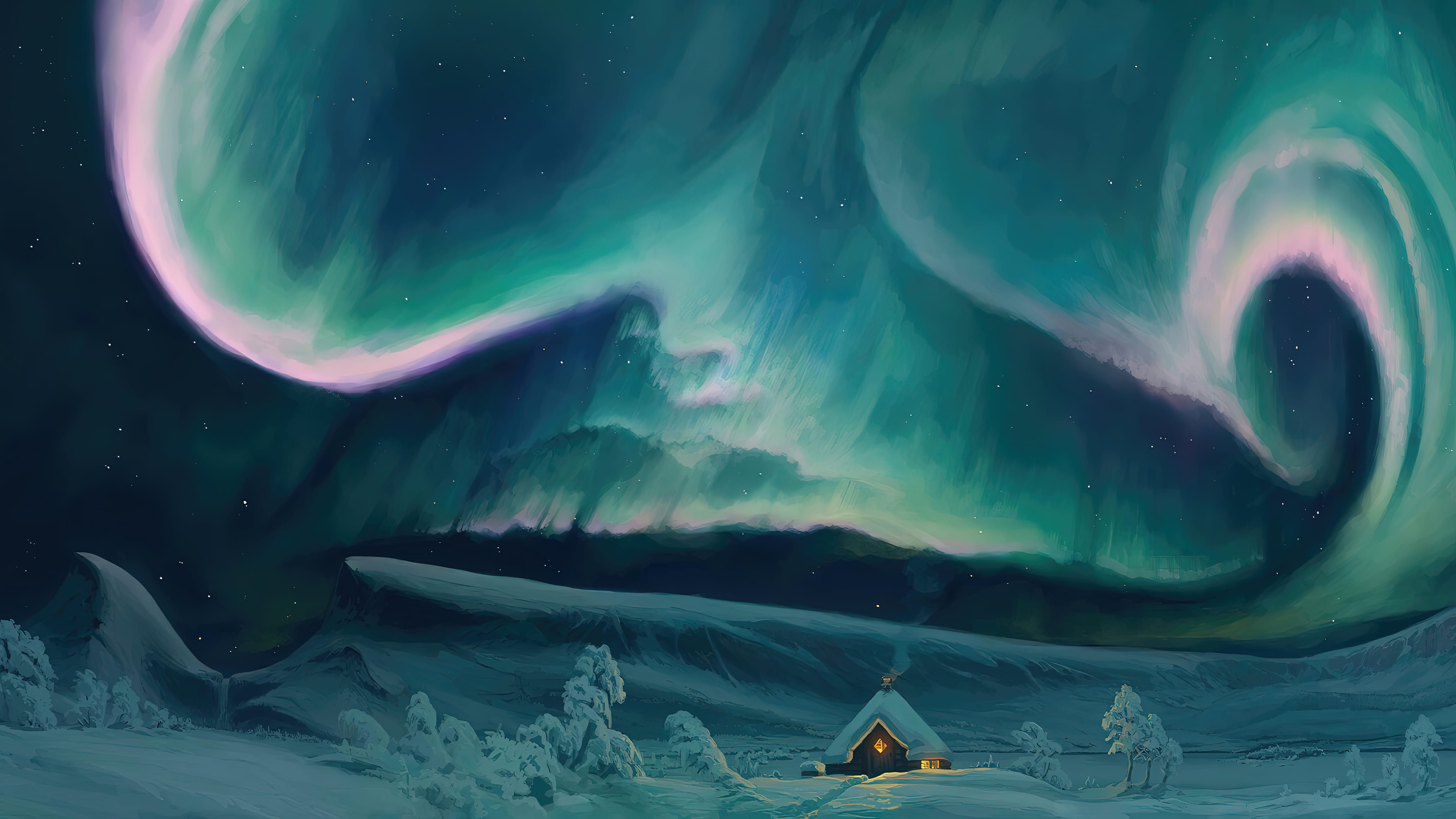 General 4608x2592 digital art painting drawing snow aurorae stars