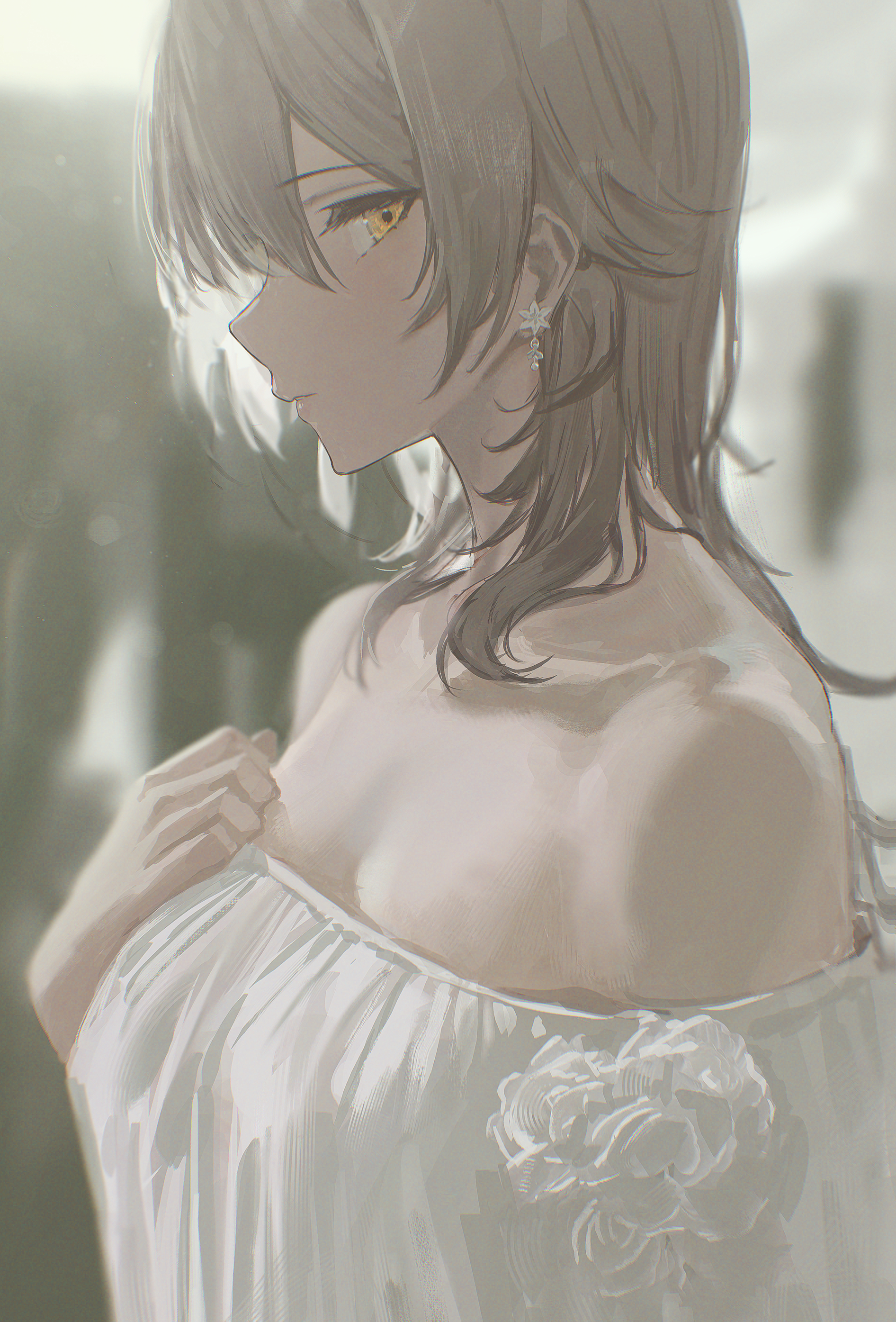 Anime 1892x2790 Honkai: Star Rail Stelle (Honkai: Star Rail) anime anime girls Hidulume long hair bare shoulders dress white dress collarbone looking at viewer earring yellow eyes closed mouth blurry background