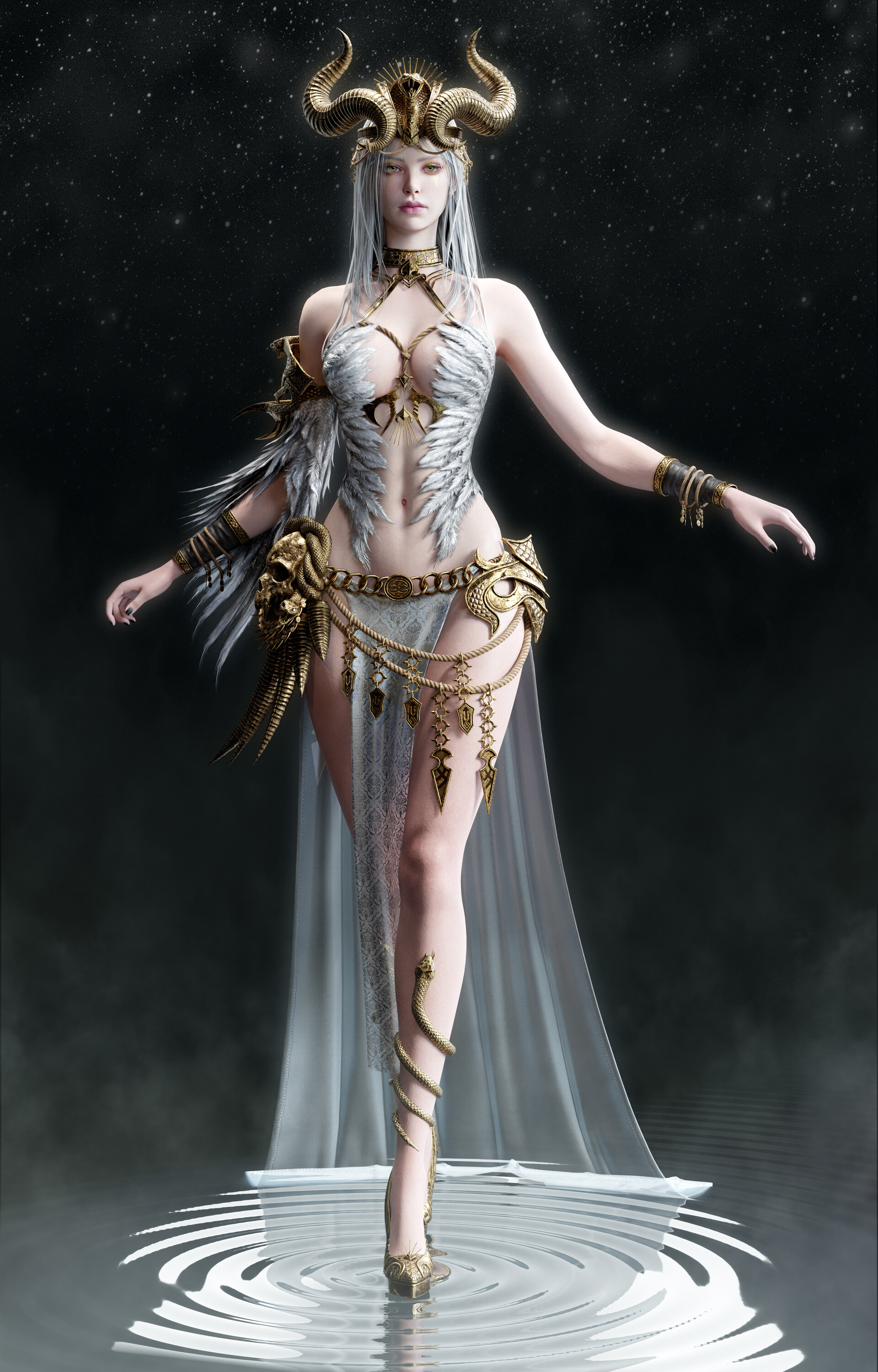 General 1920x3000 Su Yeon Jeong CGI sorceress horns fantasy art feathers