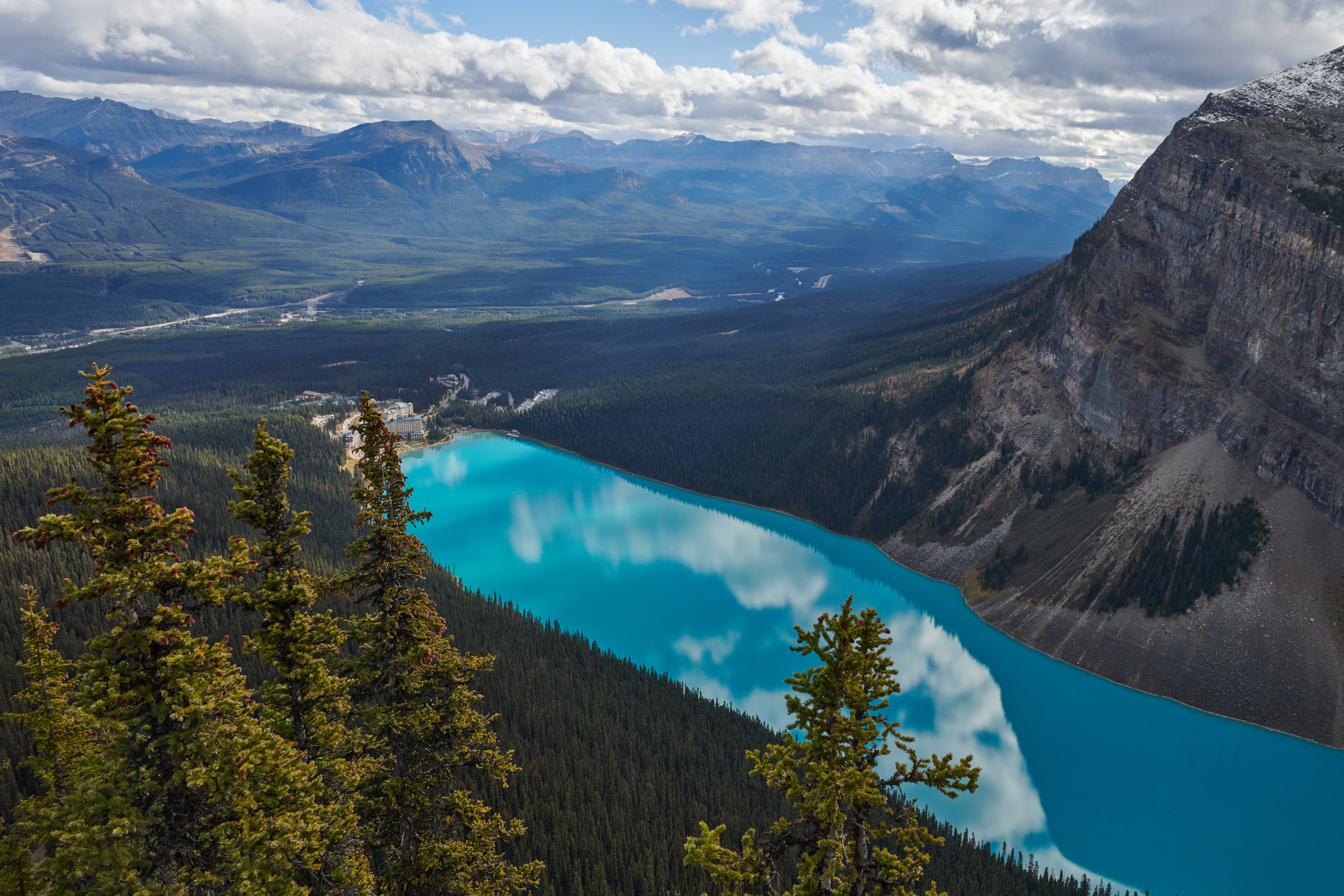 General 6144x4096 nature landscape trees mountains clouds sky forest lake sun rays mountain view water Banff National Park Canada Lake Louise