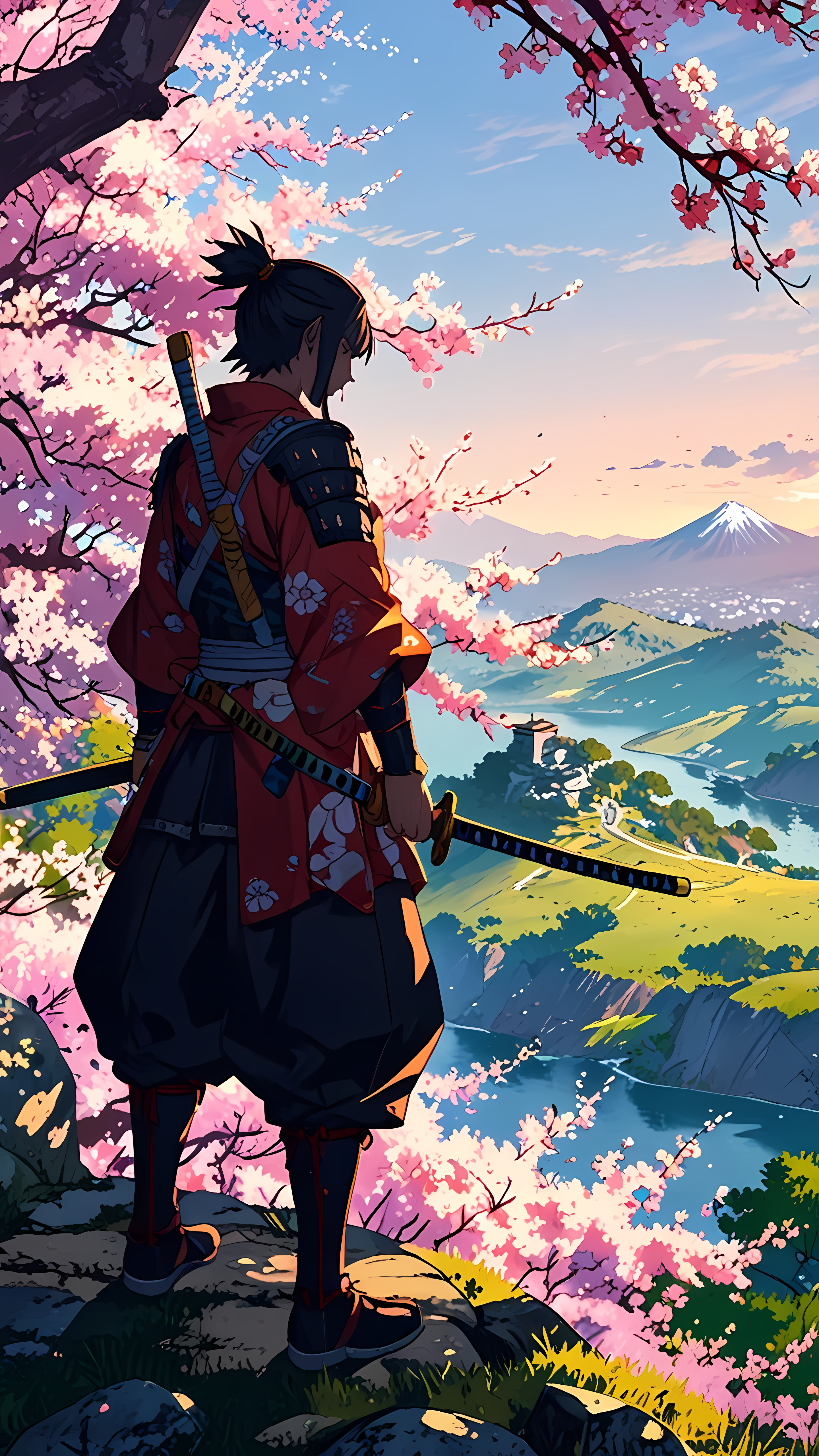 Anime 2880x5120 anime Japan peaceful cherry blossom Sakura Trees nature spring traditional clothing female character Blossoming Trees sunlight AI art