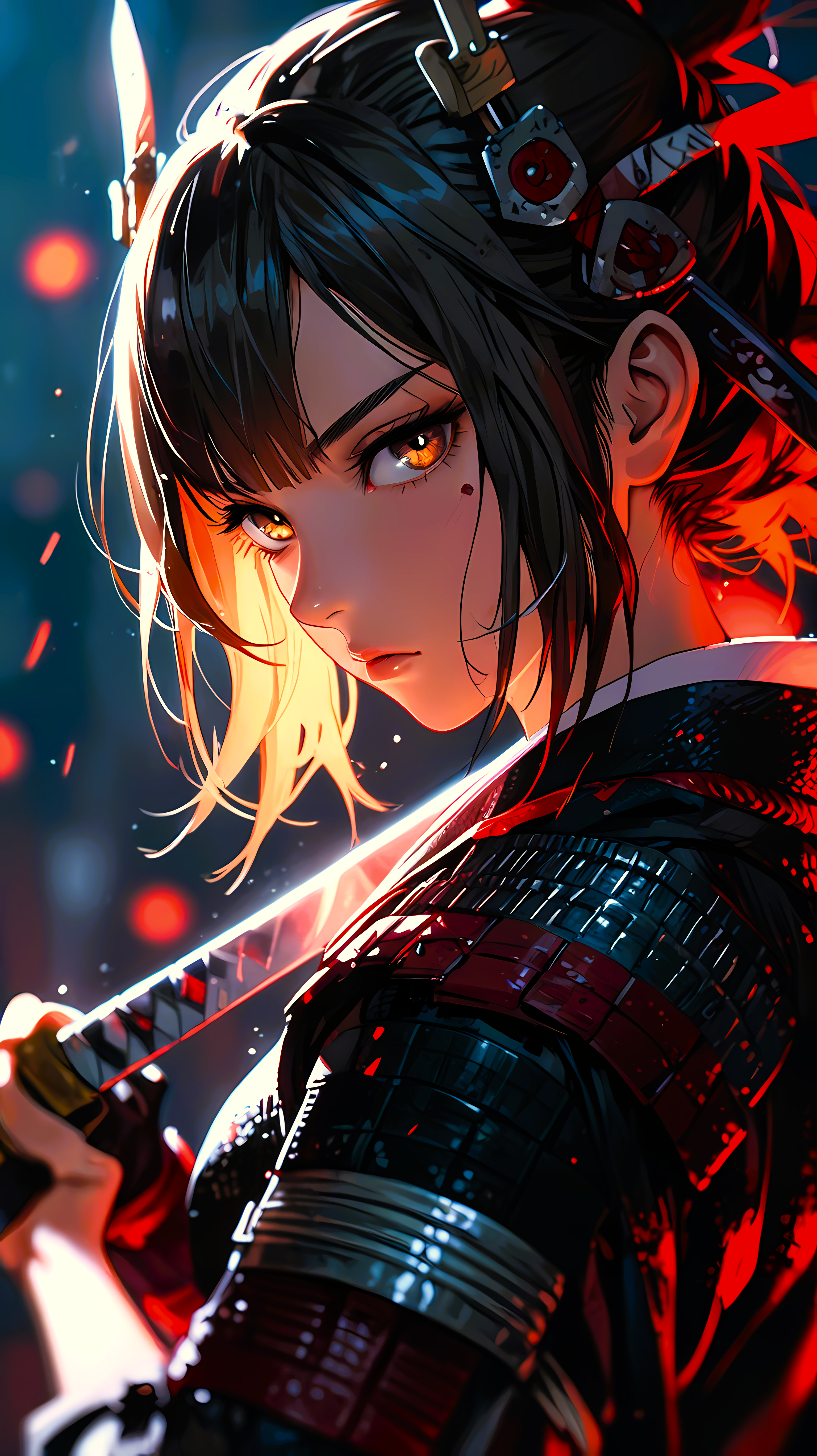 Anime 3072x5472 anime female warrior samurai katana sword yellow eyes black hair red black armor traditional clothing armor Japanese culure Close-up Portrait battle dark background AI art