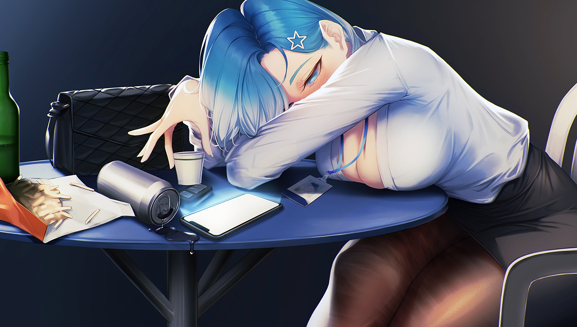 Anime 1920x1090 aqua eyes blue hair big boobs black skirts work tired smartphone table looking below