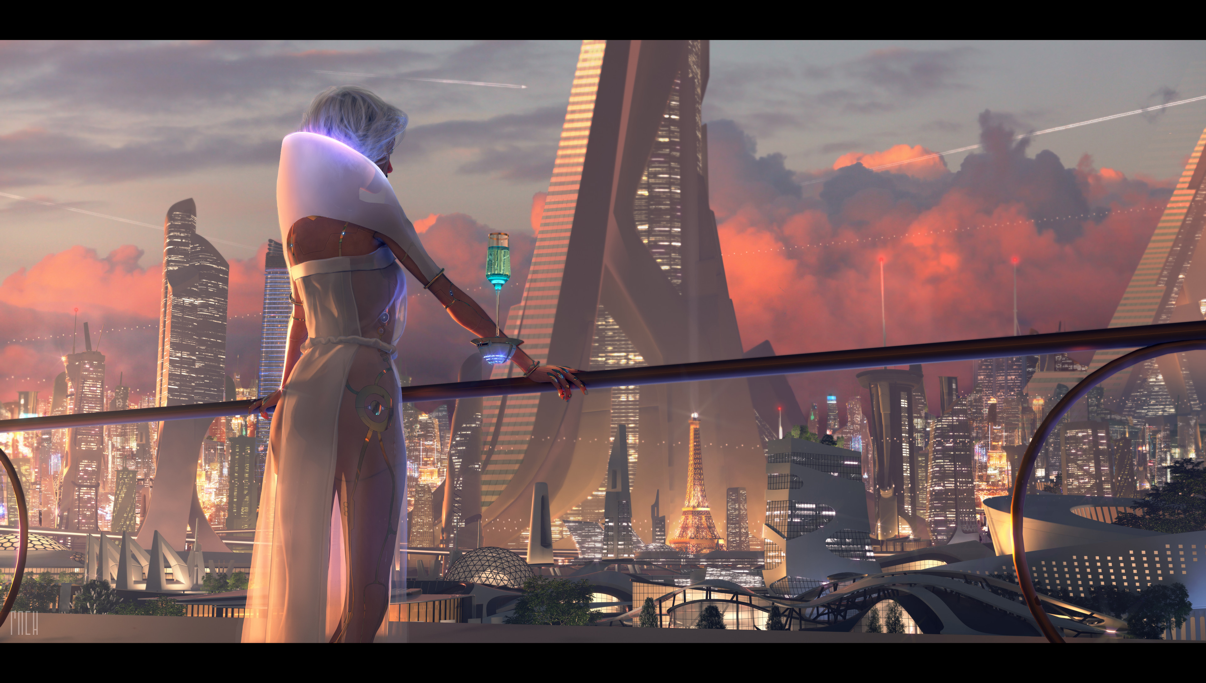 General 3840x2175 Paul Cheptea wine wine glass transparency glass city standing balcony digital art white clothing blonde women white hair cyborg futuristic city city lights ultrawide futuristic red clouds from behind artwork cityscape Paris clouds sky orange clouds cyberpunk ArtStation