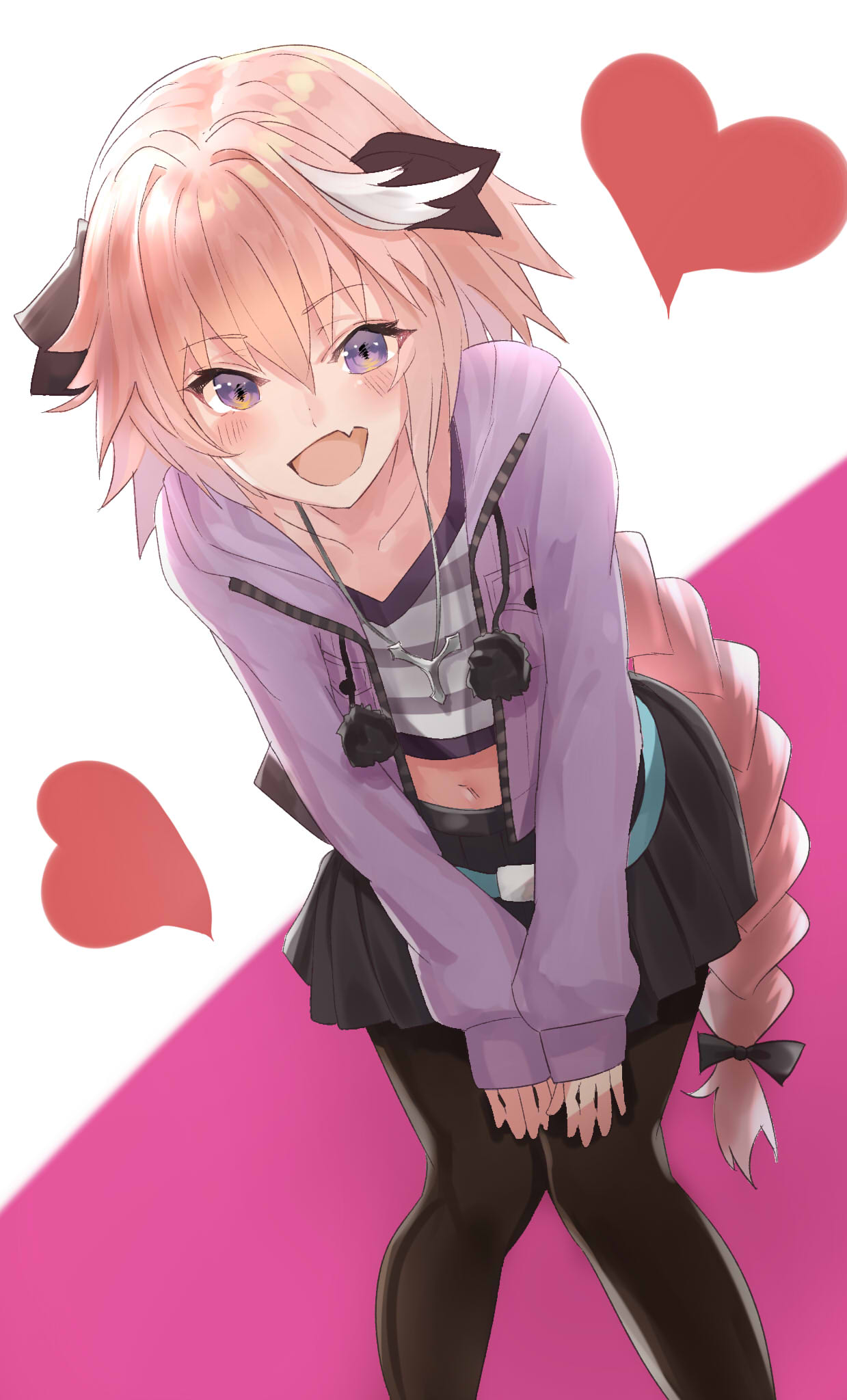 Anime 1239x2048 Fate/Apocrypha  Fate series french braids pink hair white hair bangs pantyhose thighs fangs purple eyes hair bows arched back two tone hair 2D portrait display anime artwork anime boys Fate/Grand Order Astolfo (Fate/Apocrypha) belly ecchi fan art femboy crossdressing