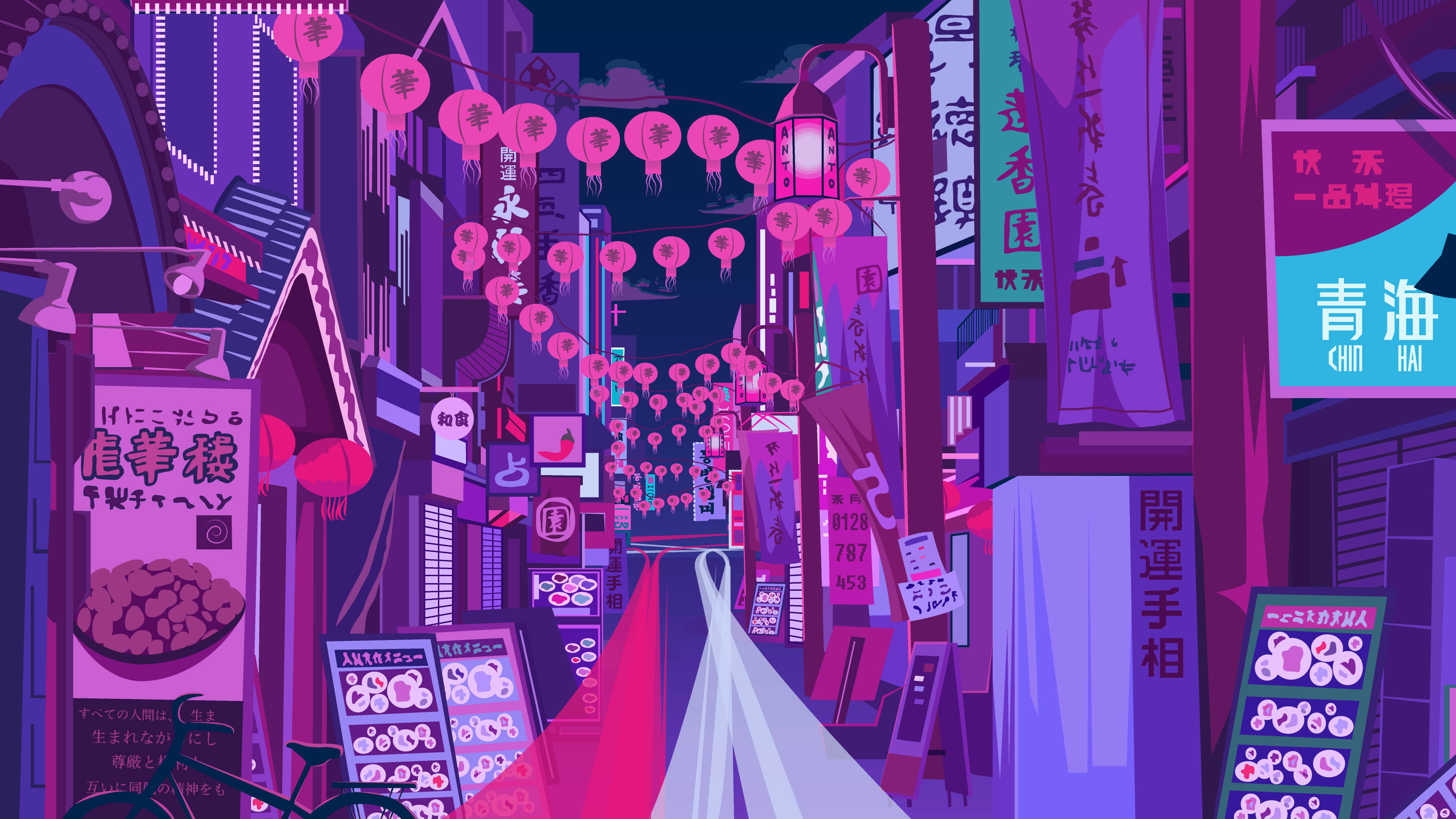 General 3840x2160 city lights city town shutters lantern Lantern Festival paper lantern neon Japan alleyway building stores store front pink blue purple antographics