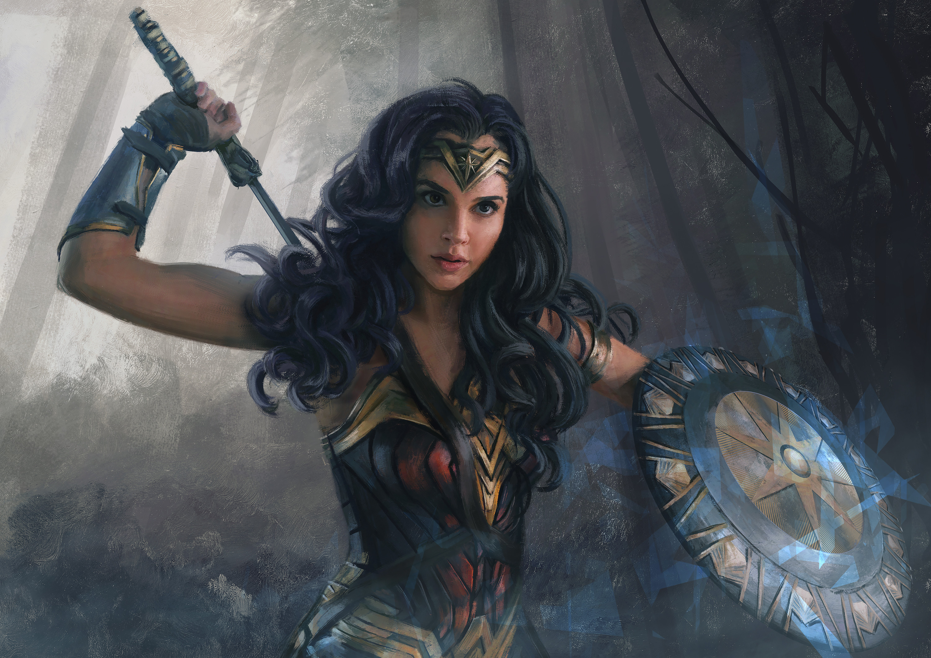 General 3000x2121 Mandy Jurgens digital art drawing artwork Wonder Woman Gal Gadot DC Comics sword shield dark hair women