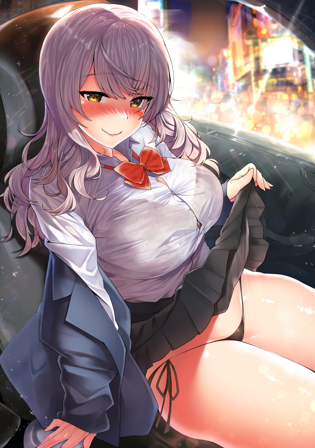 Anime 1020x1450 anime girls anime Kawai (artist) car interior school uniform blushing lifting skirt panties big boobs