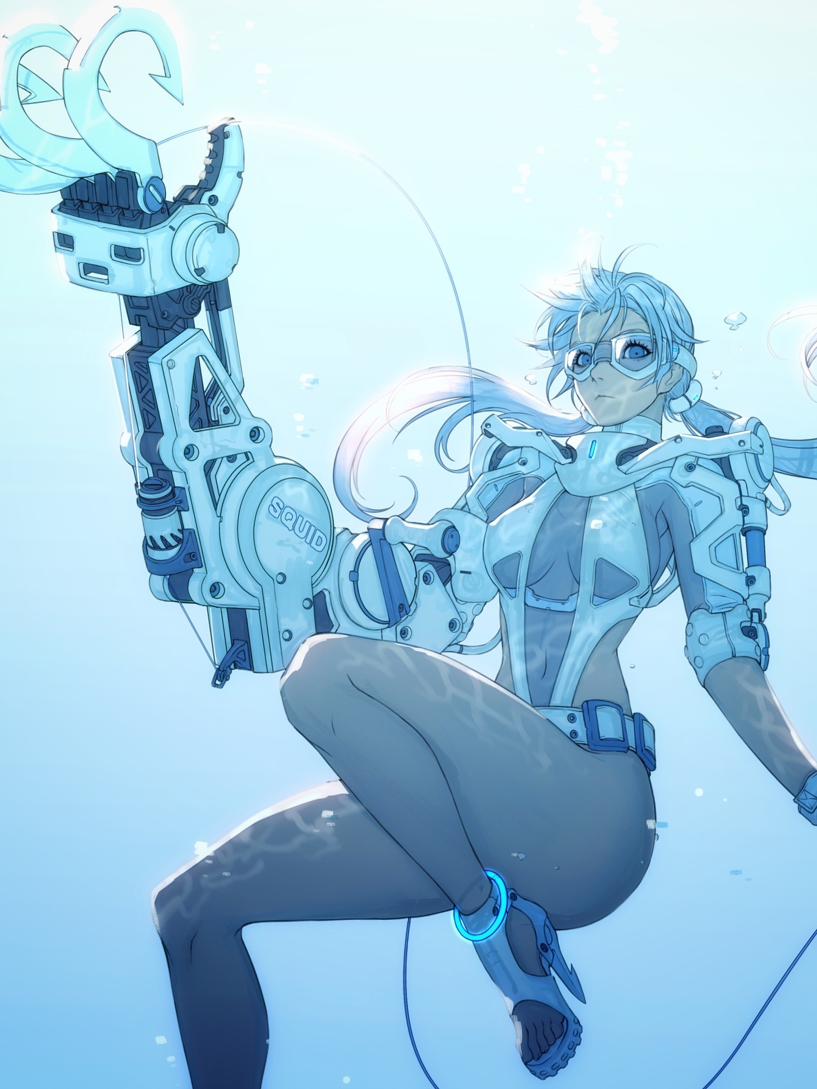 Anime 1652x2202 Ren Wei Pan drawing women bodysuit underwater cyborg prosthesis claws high heels