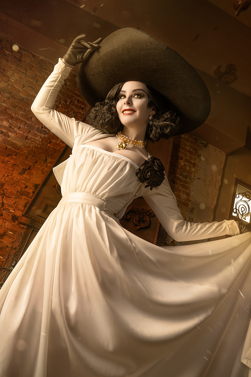 People 1000x1500 dress video game girls hat yellow eyes cleavage portrait display black hat photography model short hair white dress Resident Evil 8: Village Resident Evil cosplay women with hats smiling Lady Dimitrescu Helly von Valentine women