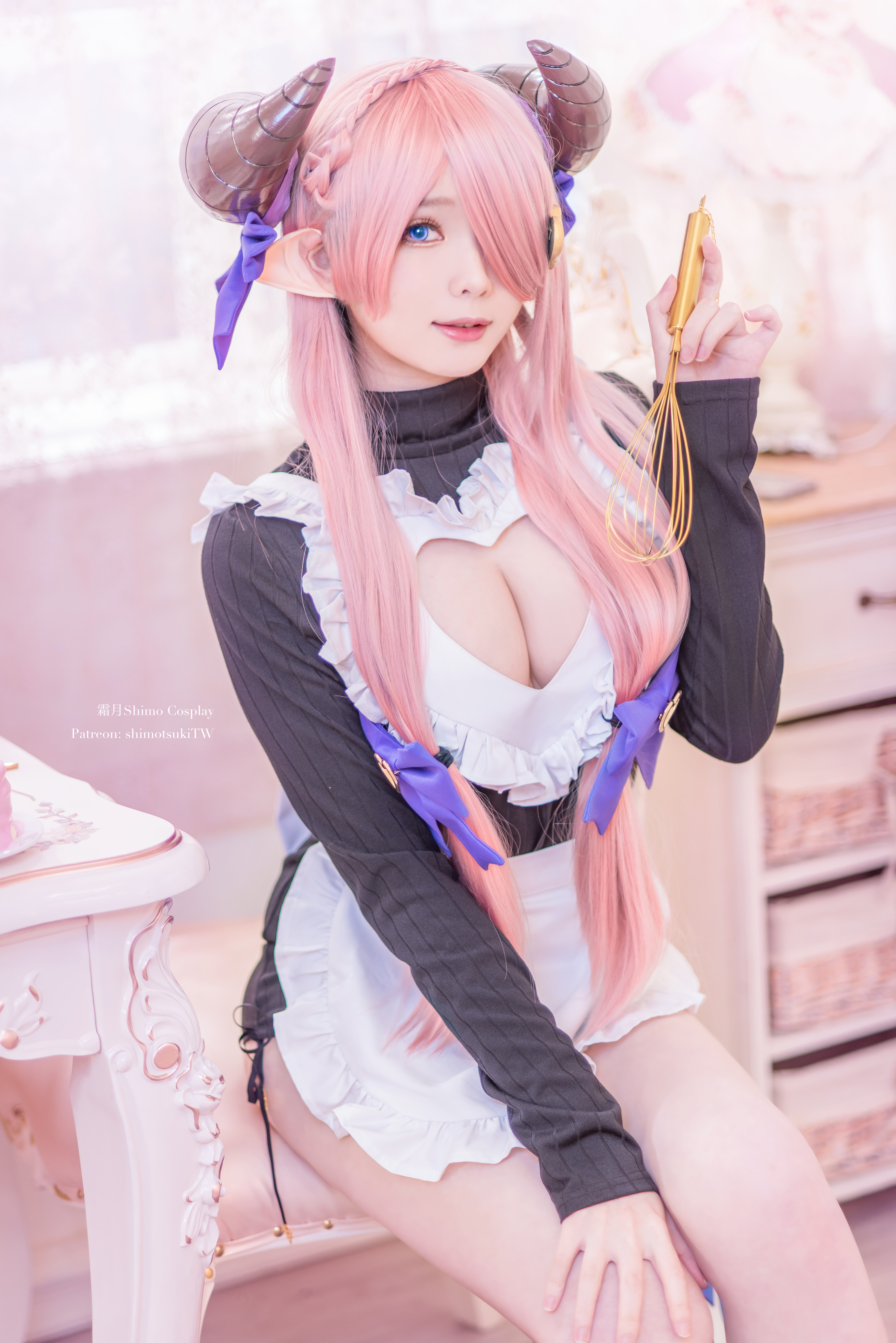 People 4912x7360 Shimo Cosplay women model Asian cosplay Narumeia (Granblue Fantasy) Granblue Fantasy portrait display dress apron maid maid outfit horns pink hair looking at viewer hair over one eye sitting smiling indoors women indoors depth of field parted lips cleavage cutout