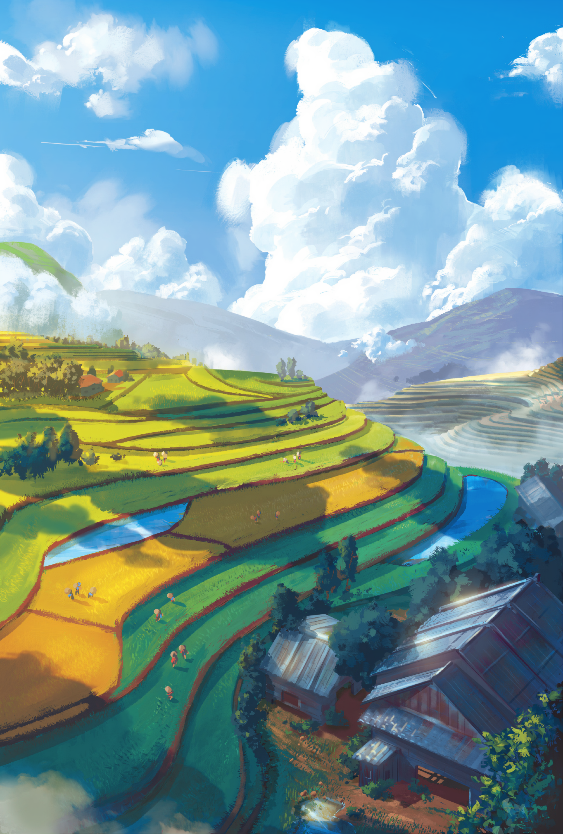 Anime 1864x2763 spiridt landscape artwork clouds mountains field illustration terraced field Agro (Plants)