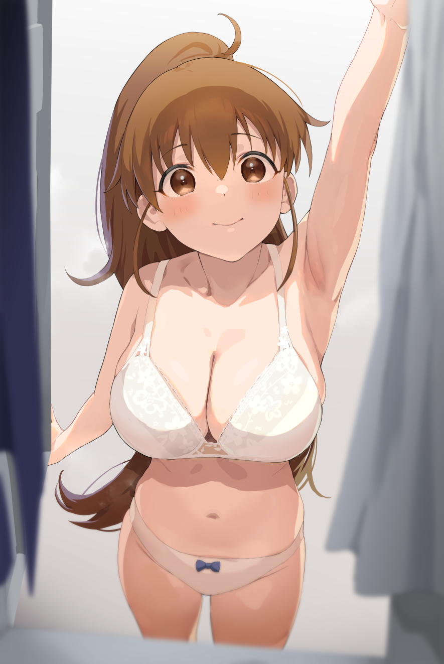 Anime 885x1323 anime anime girls standing dressing room underwear cleavage big boobs blushing brunette ponytail brown eyes Working!! Taneshima Popura  artwork nekoshoko2