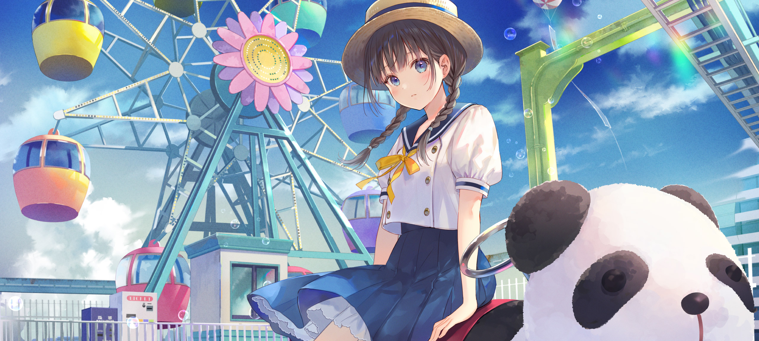 Anime 2560x1150 anime anime girls original characters artwork Fukahire Sanba cropped theme parks school uniform hat brunette braids blue eyes sitting
