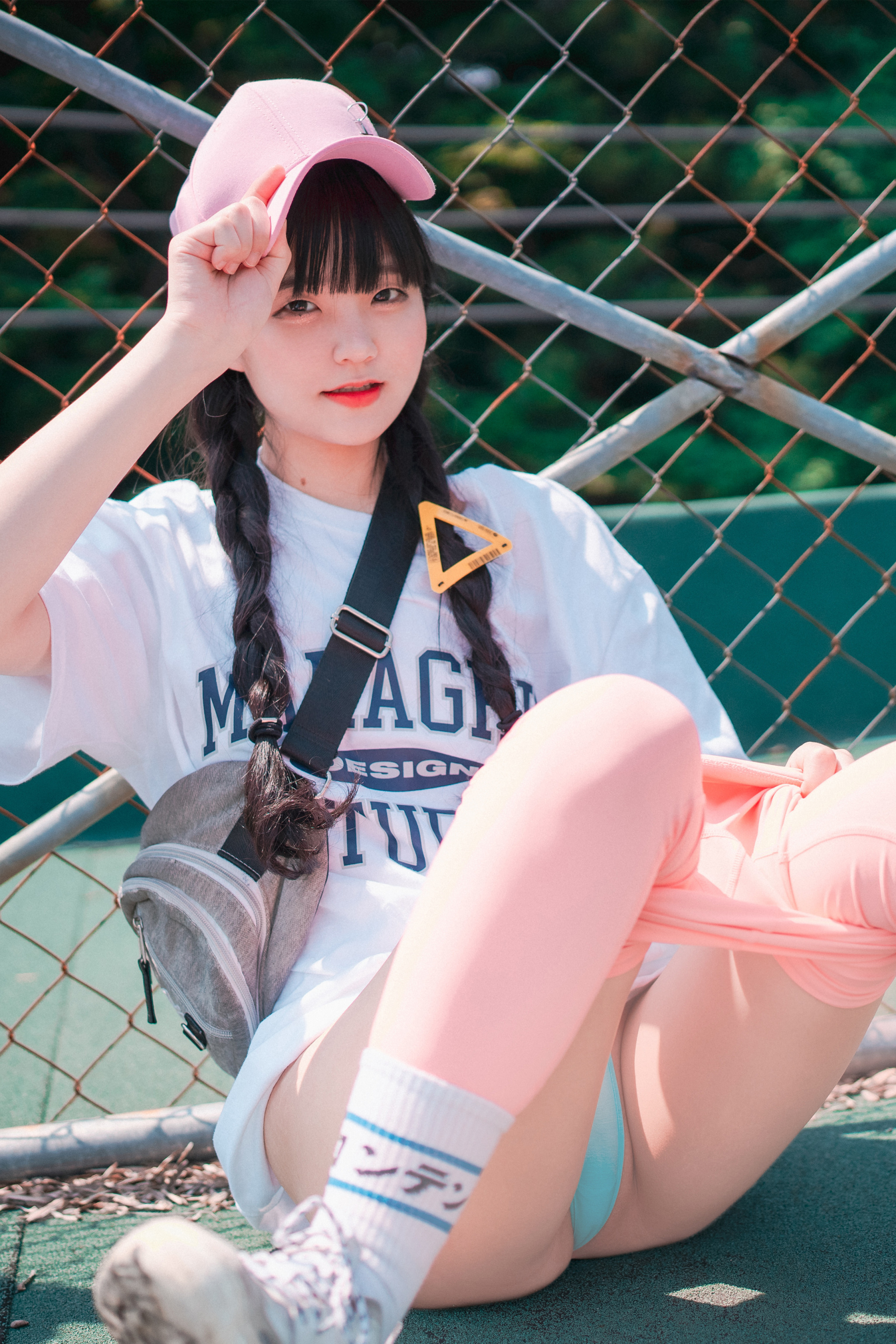 People 2048x3072 Asian women panties T-shirt socks white socks crew socks shoes sneakers striped socks baseball cap pink hat twintails on the ground women outdoors short sleeves portrait display bangs blunt bangs parted lips chain-link fence