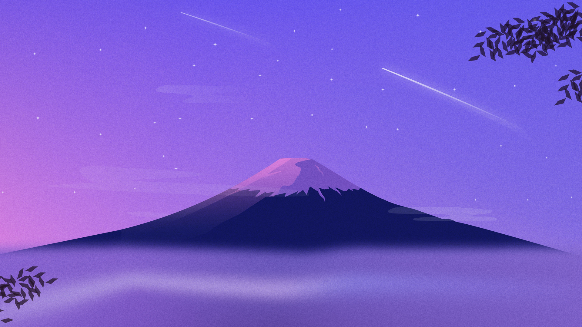 General 1920x1080 Mount Fuji digital art artwork leaves shooting stars stars clouds mountains