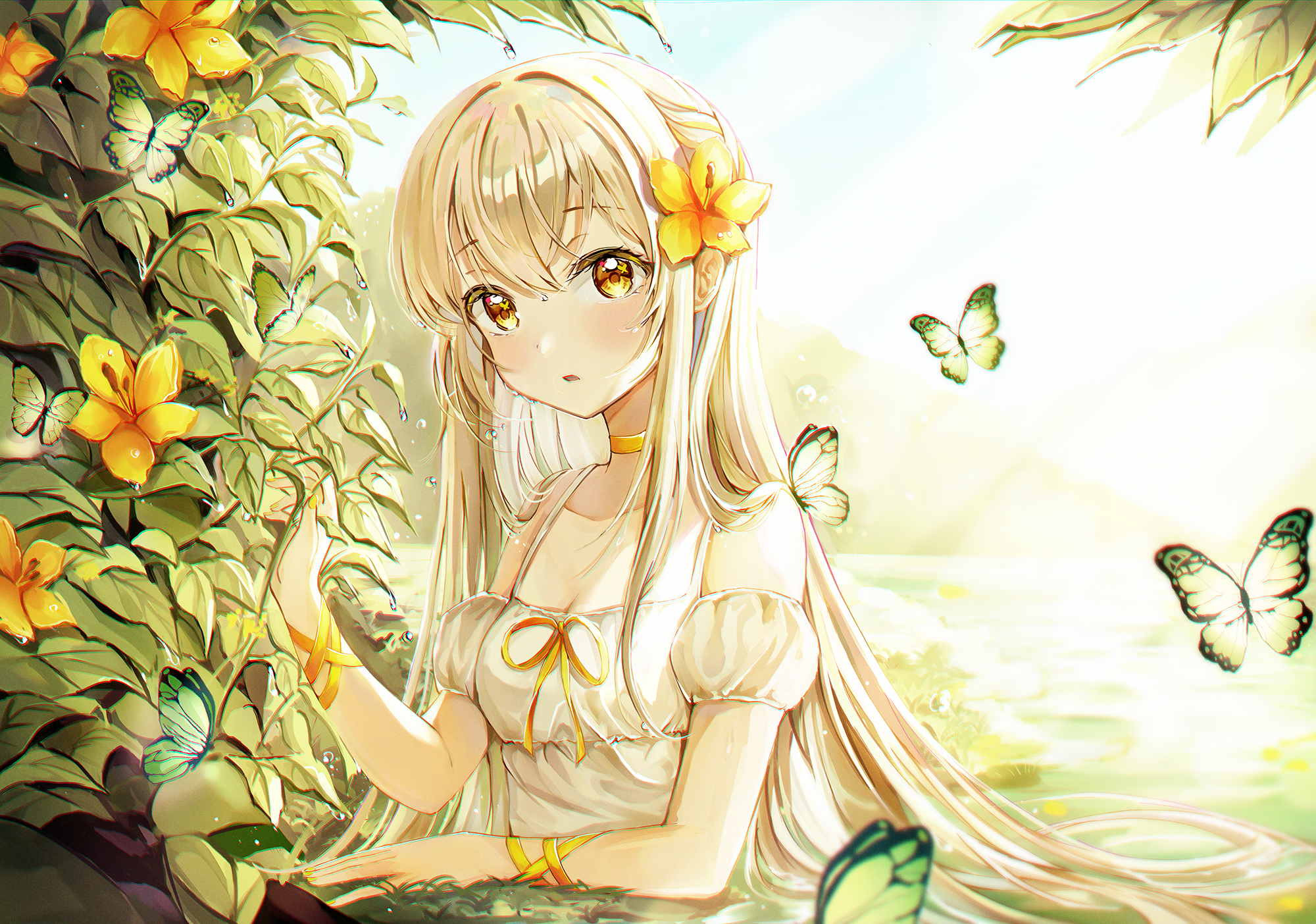 Anime 2000x1404 ssum anime anime girls long hair blonde yellow eyes dress flowers butterfly