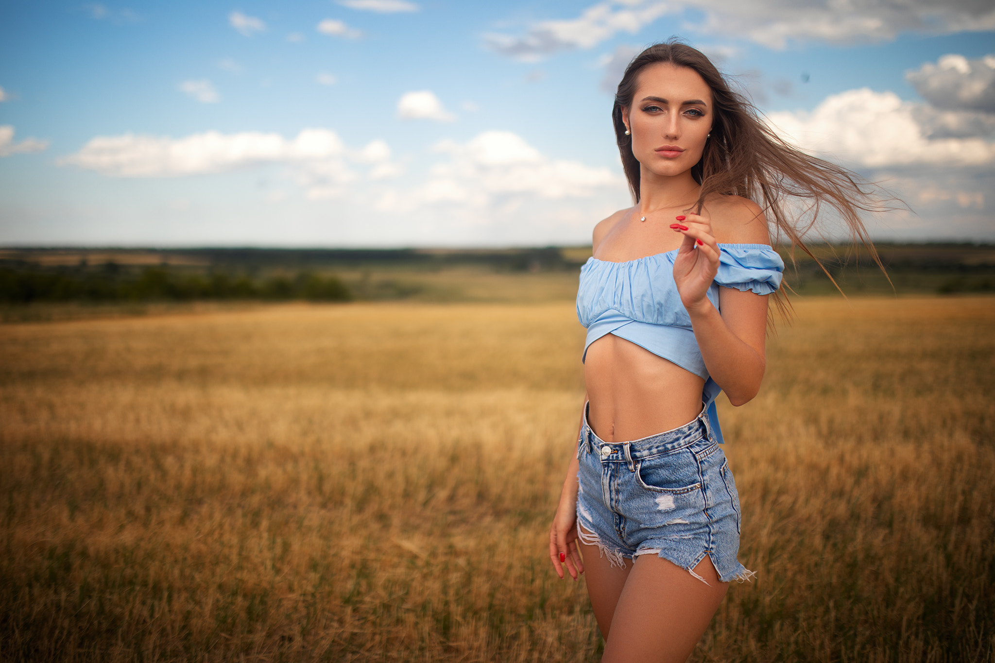 People 2048x1365 women Dmitry Shulgin belly jean shorts red nails women outdoors ribs sky clouds pearl earrings Anastasiya Chernyayeva