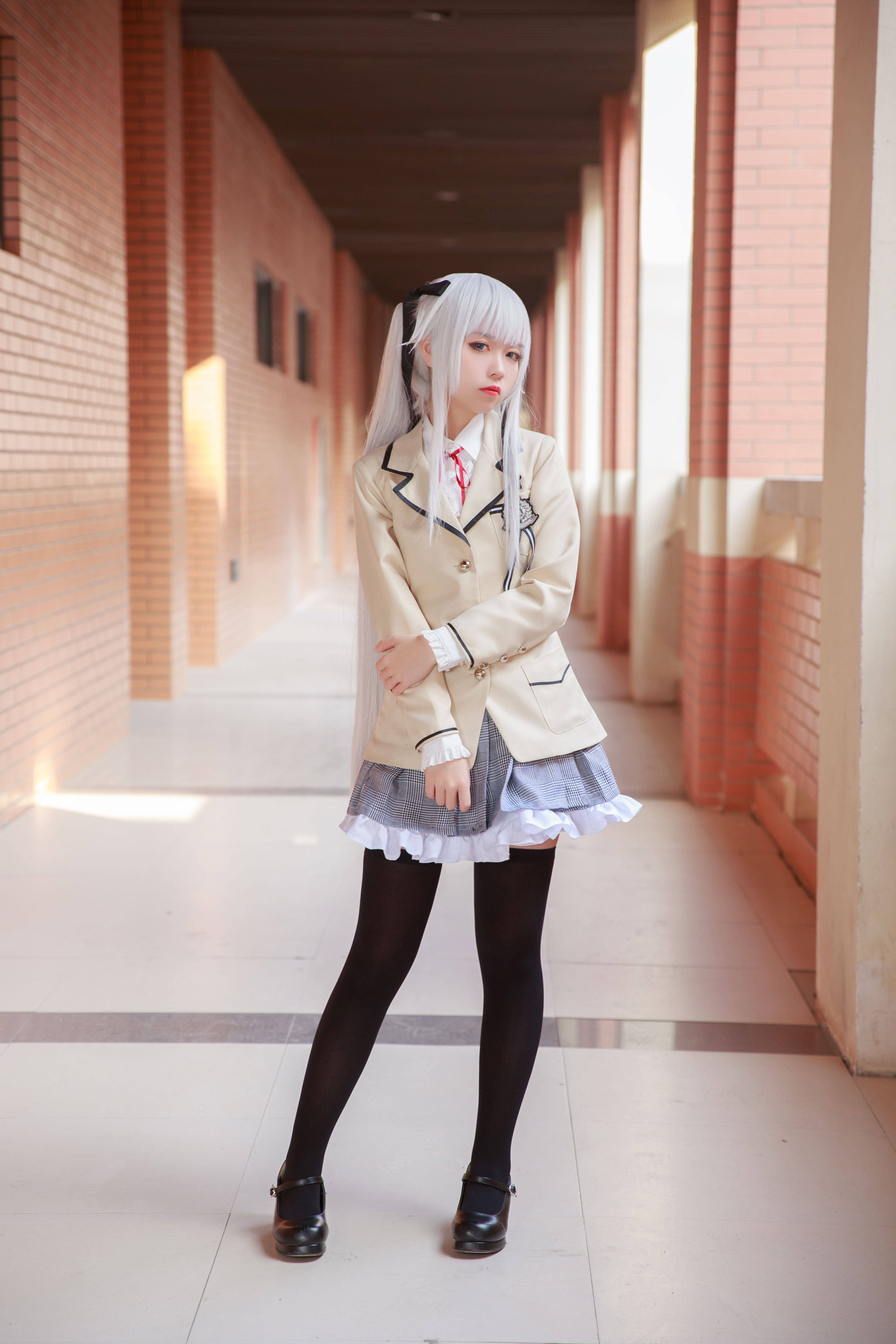 People 3840x5760 cosplay Asian stockings school uniform women women outdoors model skirt twintails white hair looking at viewer standing