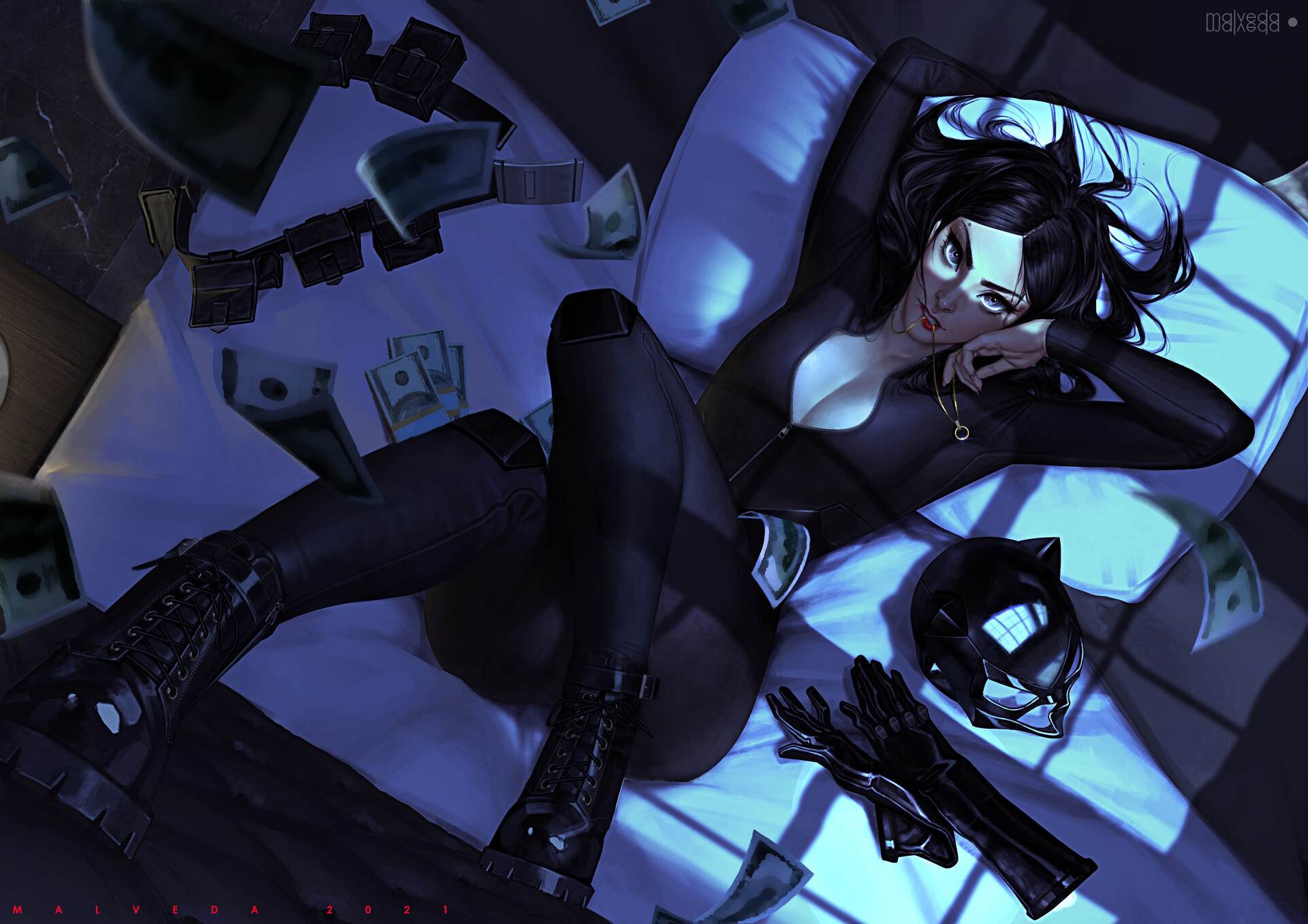 General 1920x1358 artwork women Catwoman Malveda (Artist) DC Comics money digital art watermarked 2021 (year)