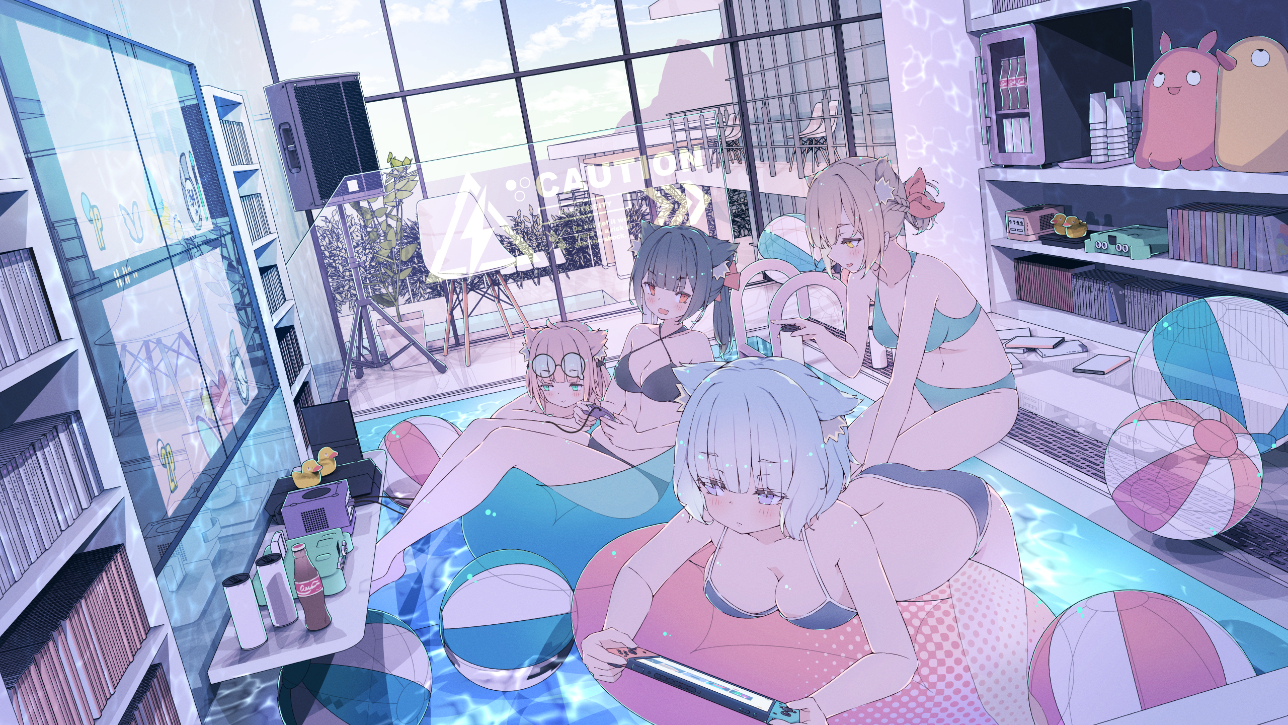 Anime 2560x1440 anime anime girls HOJI artwork room animal ears bikini cleavage group of women text