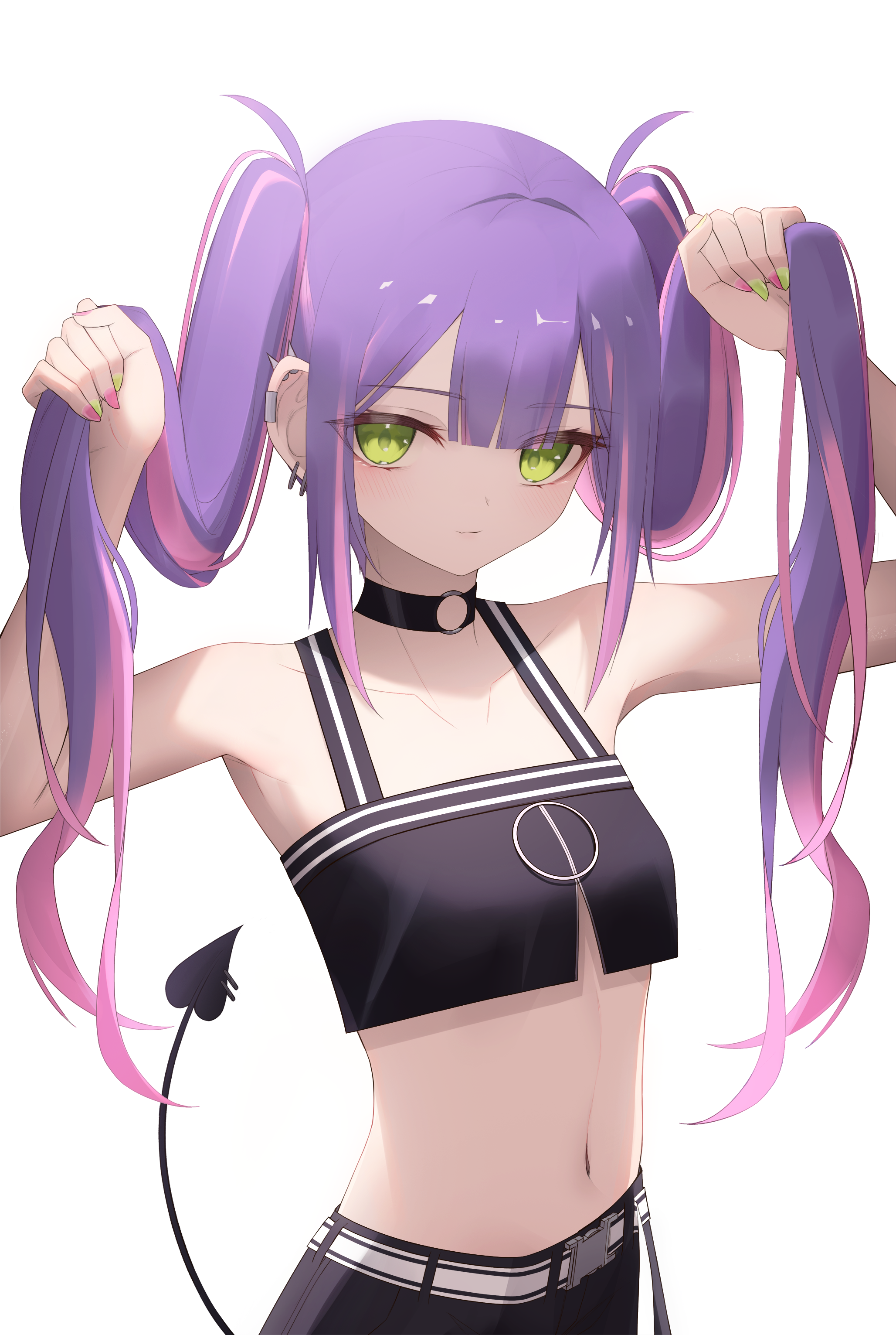Anime 2056x3061 anime girls anime digital art 2D looking at viewer belly belly button Tokoyami Towa Hololive Virtual Youtuber green eyes purple hair twintails