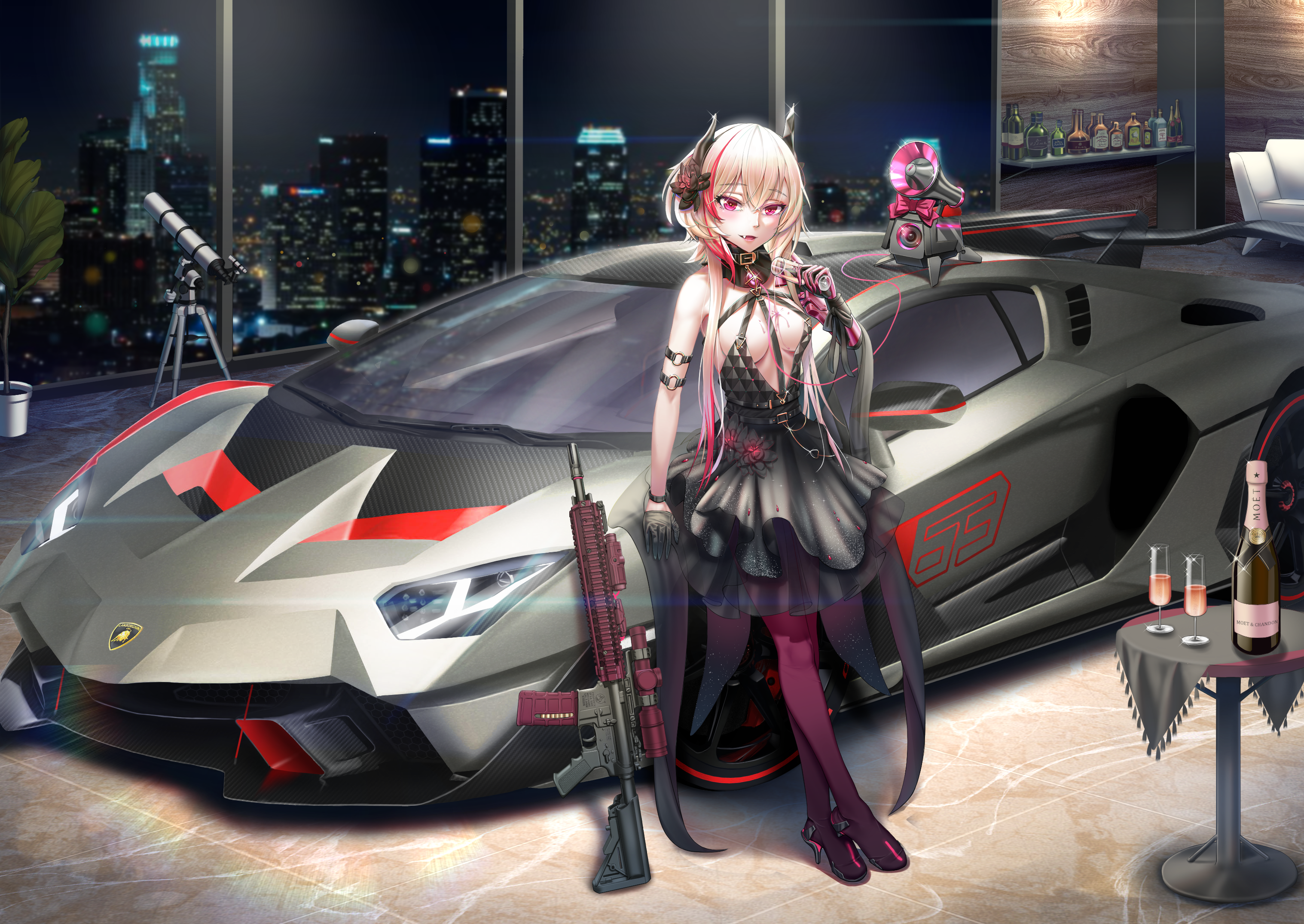 Anime 3035x2150 anime anime girls Girls Frontline M4 SOPMOD II (Girls Frontline) M4 Lamborghini Lamborghini SC18 Alston car assault rifle dress no bra horns blonde pink eyes