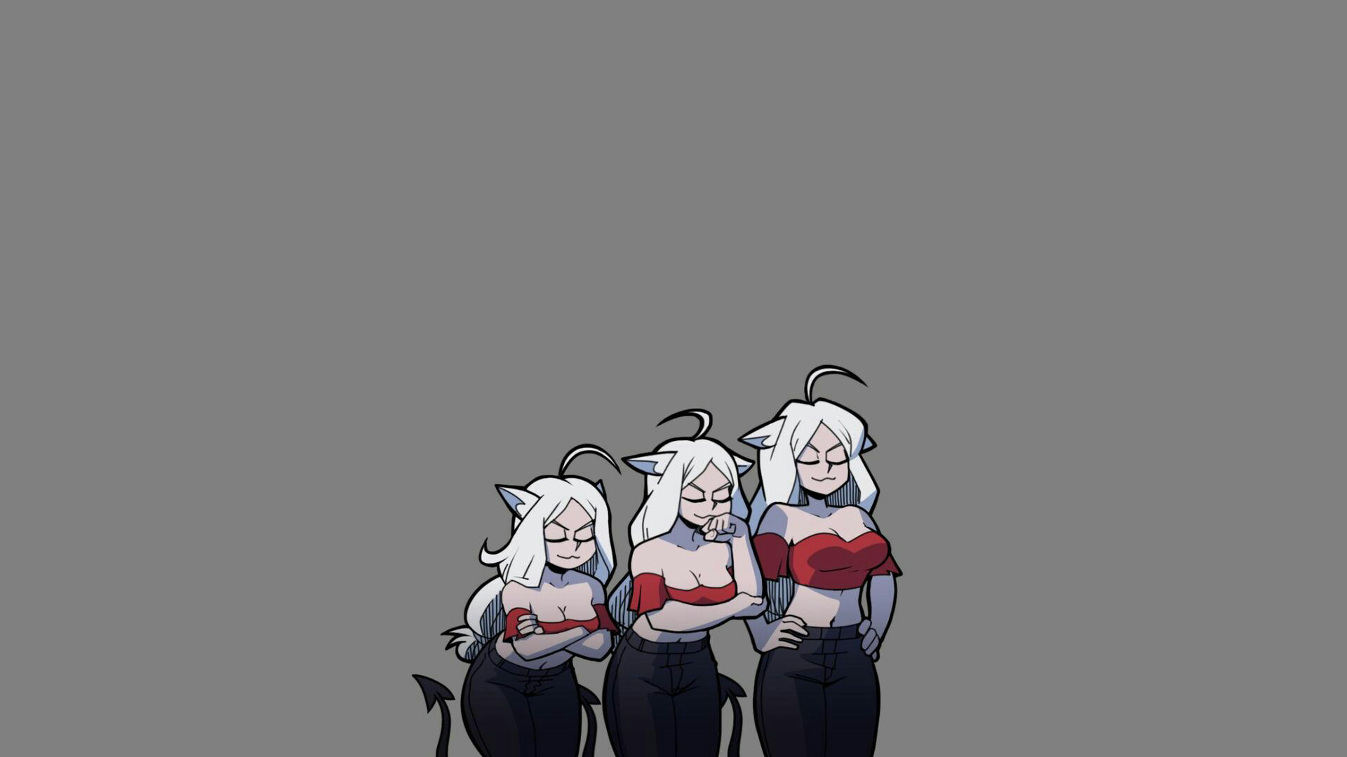Anime 1920x1080 Helltaker anime girls Cerberus (Helltaker) white hair cleavage gray background demon girls
