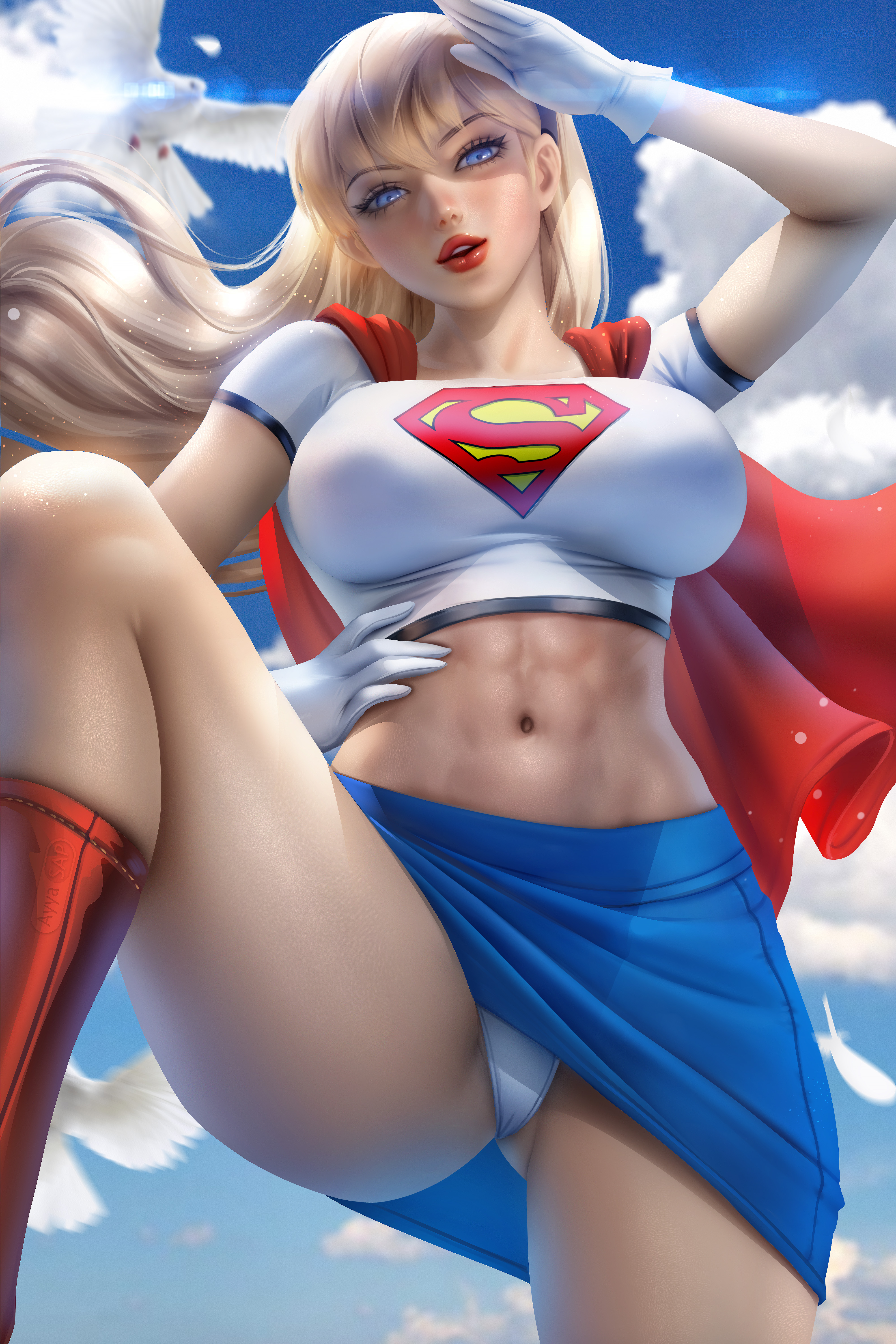General 4000x6000 Supergirl DC Comics superheroines blonde fictional character cape T-shirt miniskirt underwear panties white panties upskirt thighs 6-pack gloves 2D artwork drawing fan art Ayya Saparniyazova blue eyes red lipstick abs