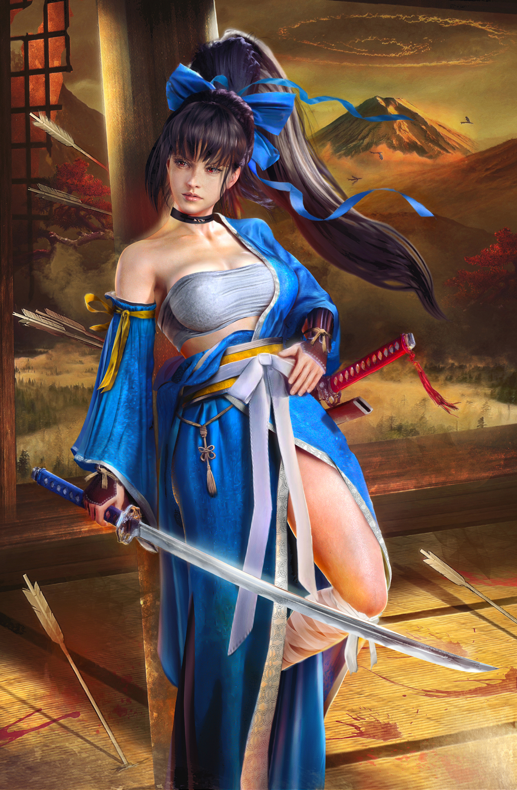 General 2115x3227 Eddy Shinjuku drawing women Dorothy Gale brunette long hair blue clothing weapon katana wind arrows