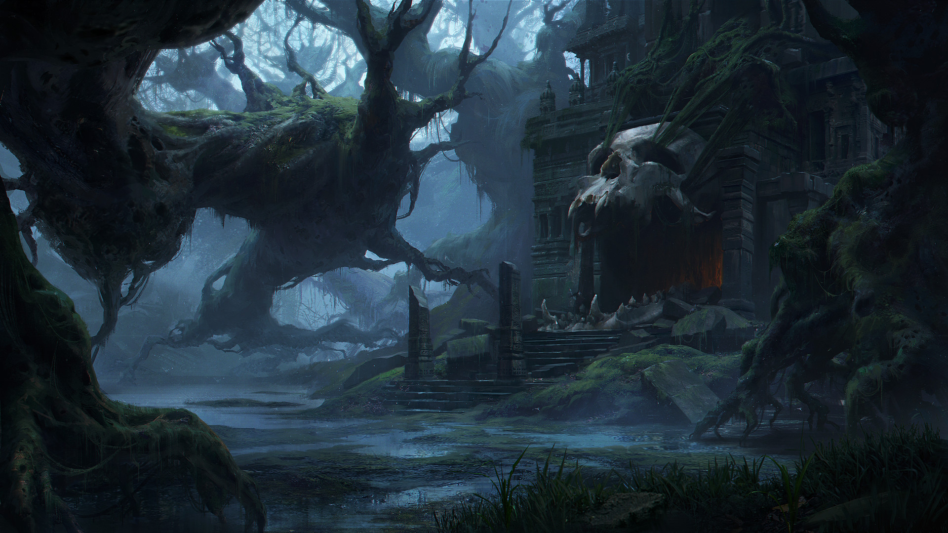 General 1920x1079 skull dark tree bark castle magic evil swamp forest open mouth digital art