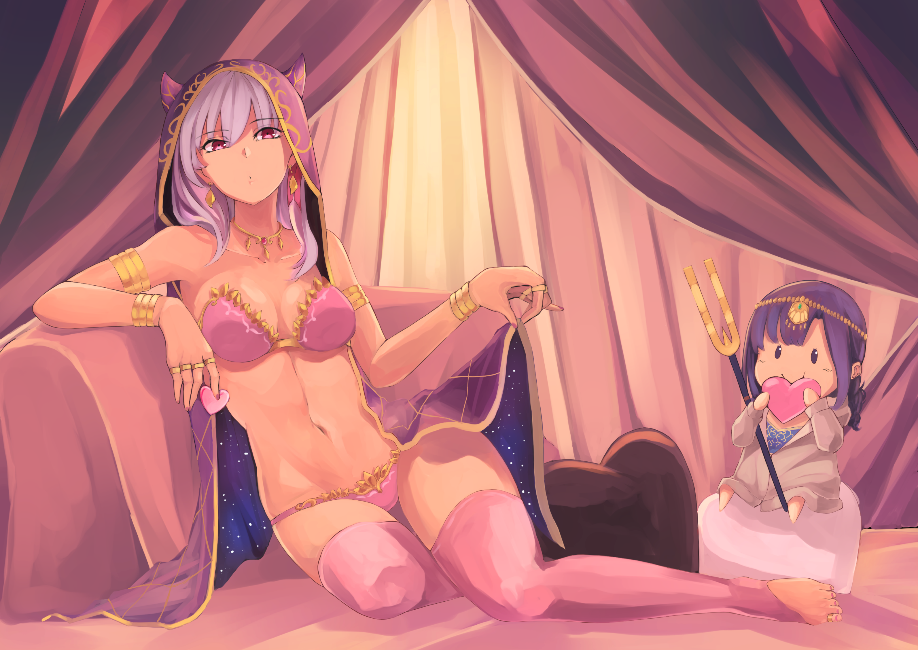 Anime 3187x2257 anime girls anime looking at viewer purple eyes red eyes purple hair light hair jewelry earring necklace sitting leaning underwear bikini belly thighs feet thigh-highs pink stockings stockings curtains armlet toes toeless legwear stars bangs animal ears horns plush toy Fate/Grand Order Kama (Fate/Grand order) Matou Sakura Fate series sh22