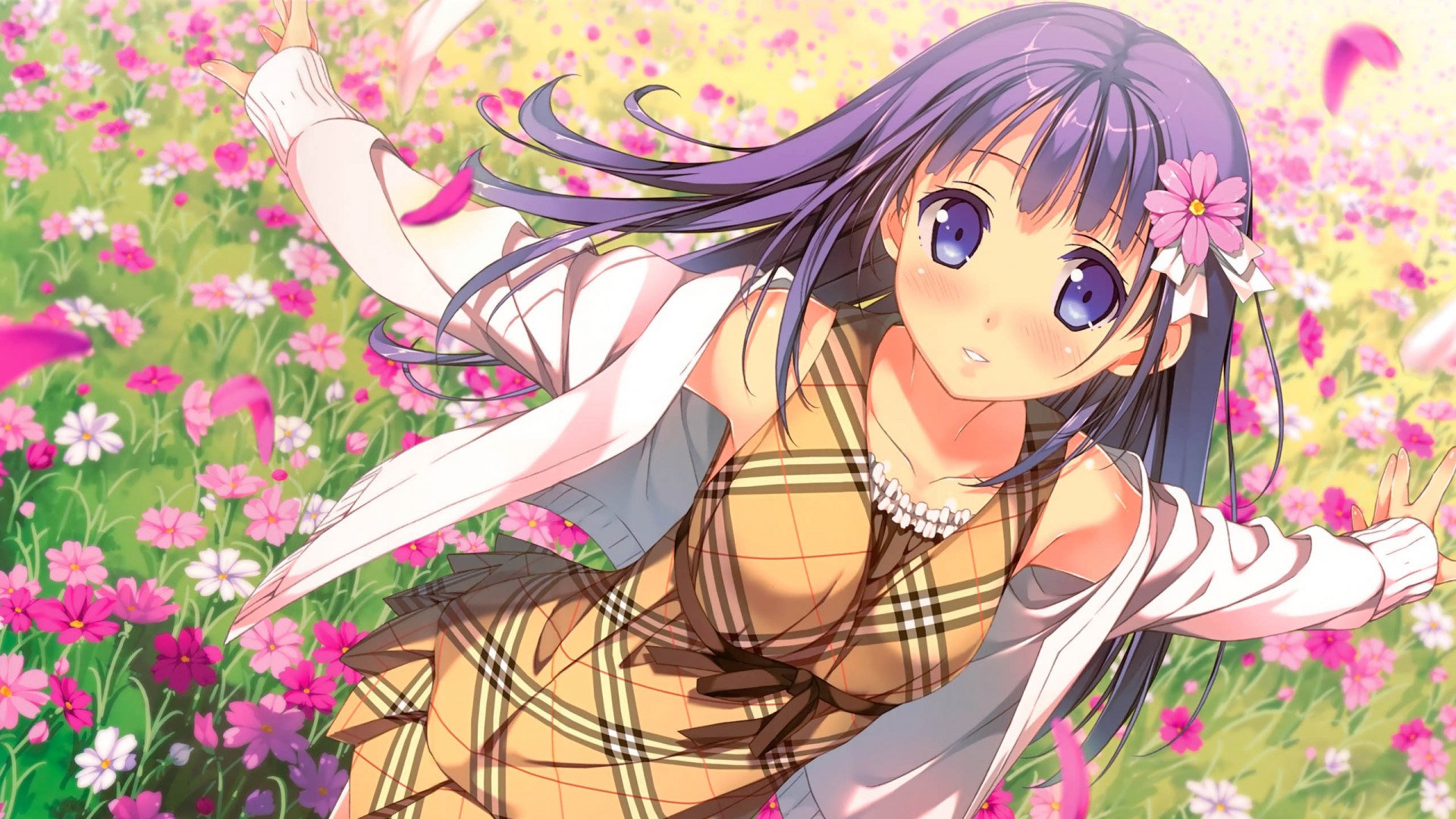 Anime 1920x1080 Afterschool of the 5th year anime girls Kantoku artwork flowers purple hair purple eyes dress field