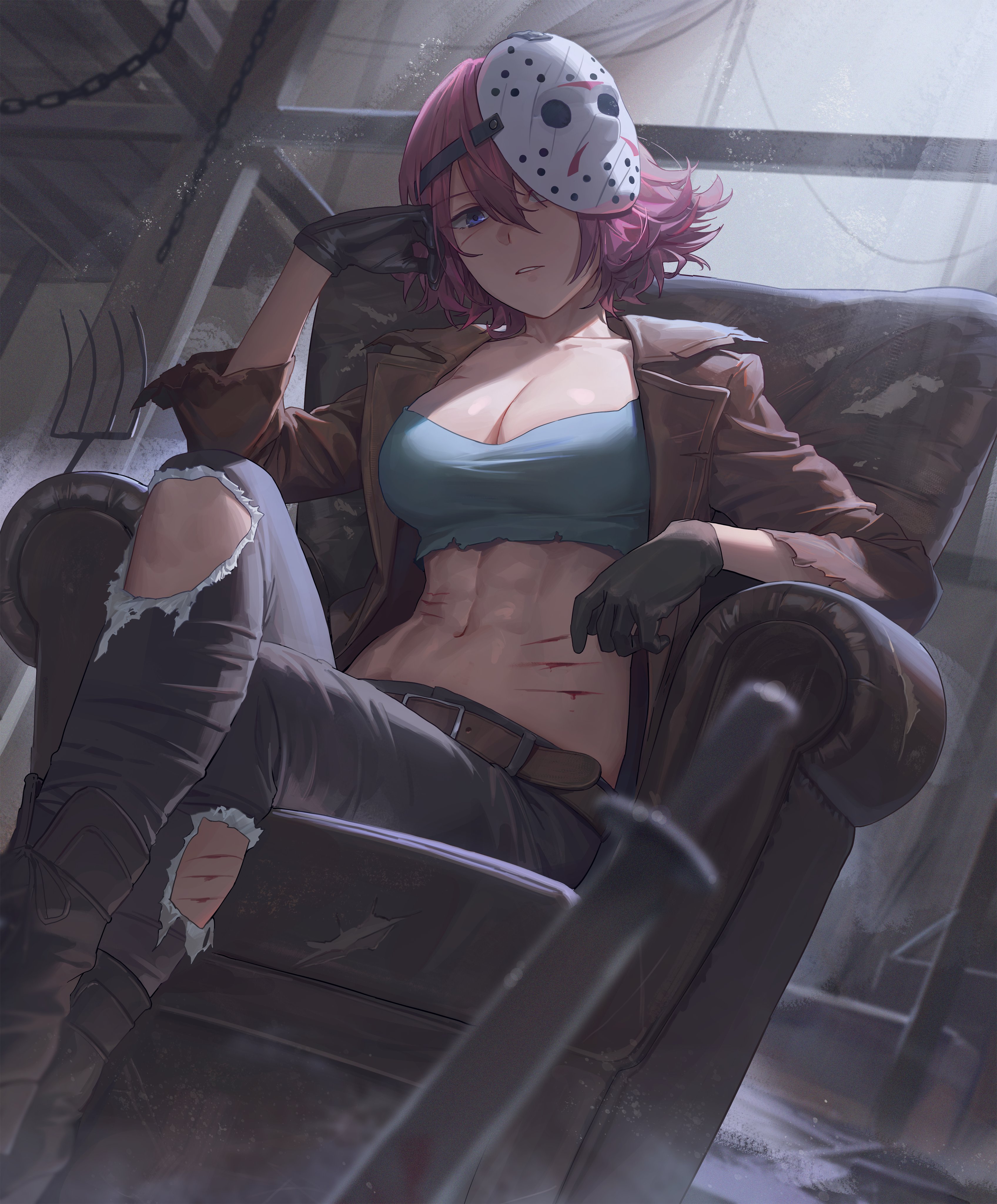 Anime 3392x4096 anime anime girls Yohan1754 artwork Friday the 13th mask cleavage belly blades