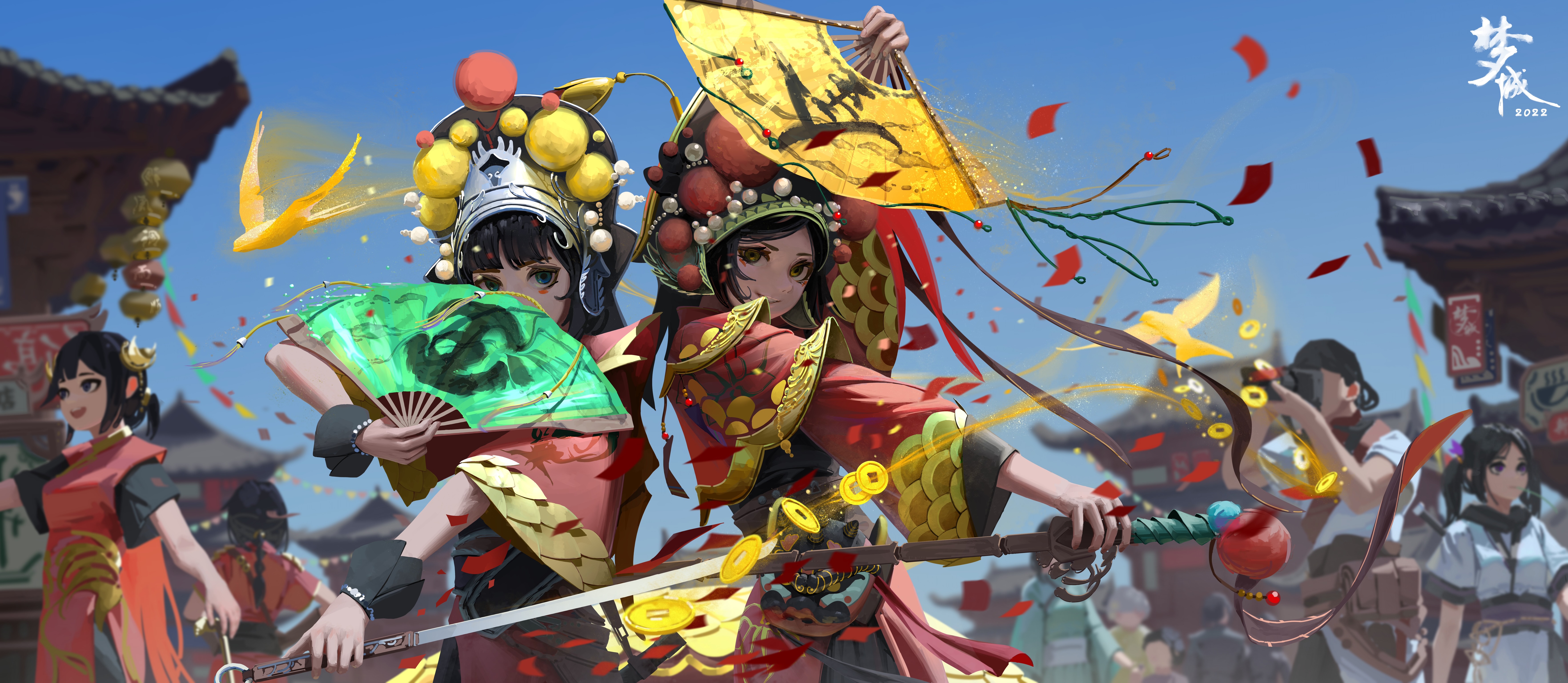 Anime 7052x3072 Beijing opera fans anime girls women with swords two women petals China