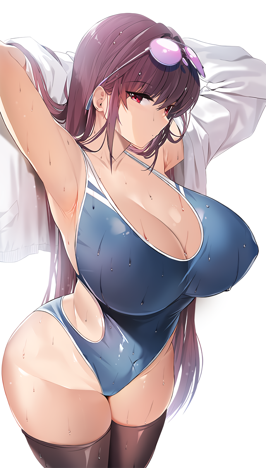 Anime 909x1600 Damda anime girls illustration purple hair red eyes Fate series Fate/Grand Order Scathach sunglasses looking at viewer sweat one-piece swimsuit swimwear leotard monokinis stockings black stockings arms up armpits wet body sweaty body curvy huge breasts portrait