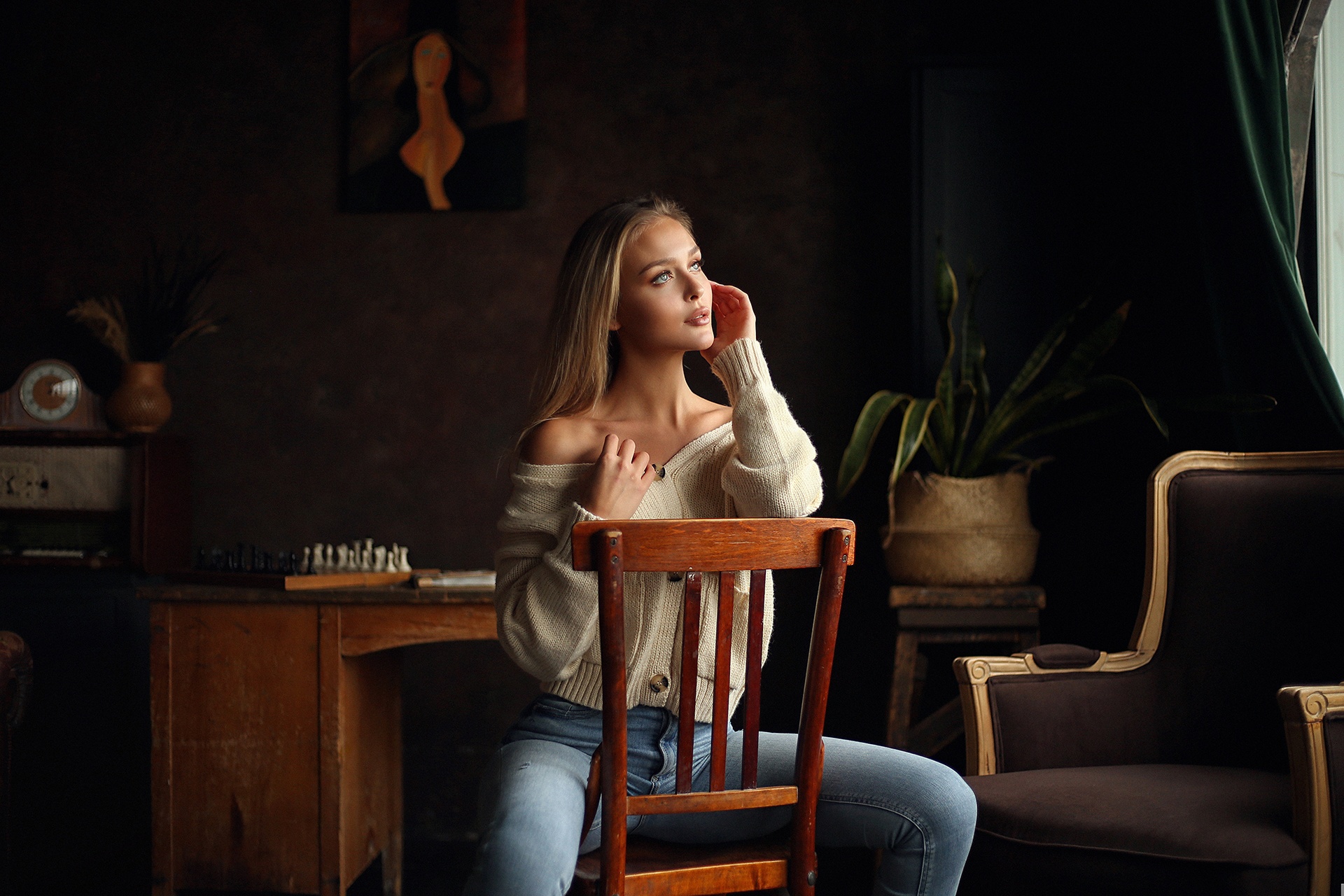 People 1920x1280 Dmitry Arhar women model blonde women indoors chair sitting jeans sweater couch chess desk plants hips