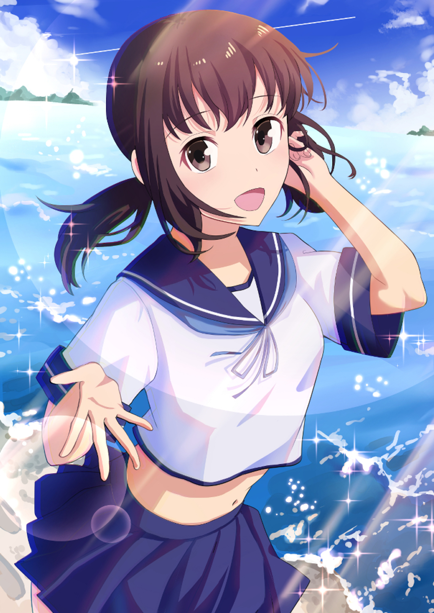 Anime 1416x2000 anime anime girls Kantai Collection Fubuki (KanColle) ponytail brunette school uniform solo artwork digital art fan art belly skirt open mouth looking at viewer