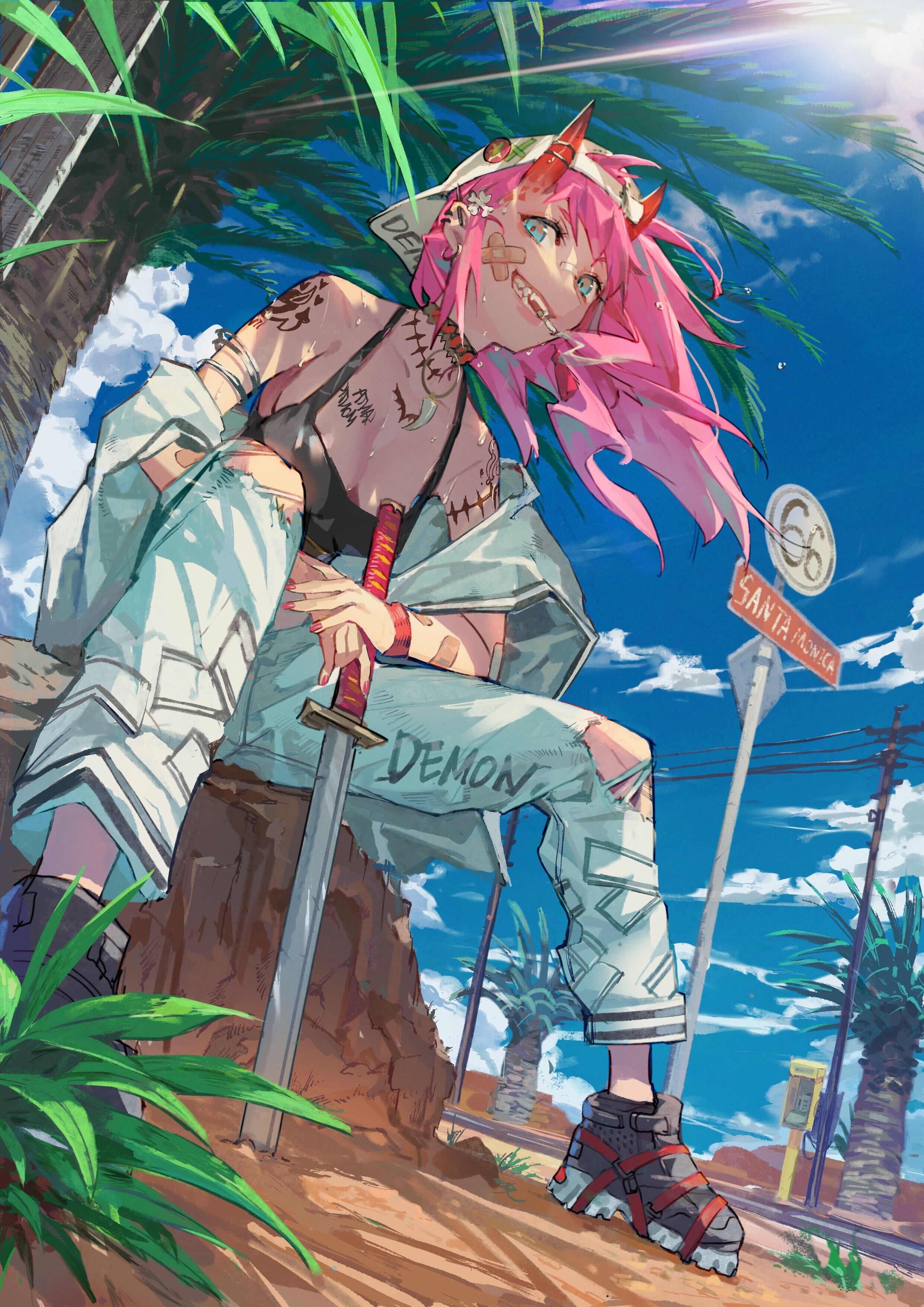 Anime 2480x3508 original characters demon girls pink hair anime girls sword hat portrait display sky sunlight leaves sitting clouds sign looking at viewer tattoo cigarettes smoking Band-Aid