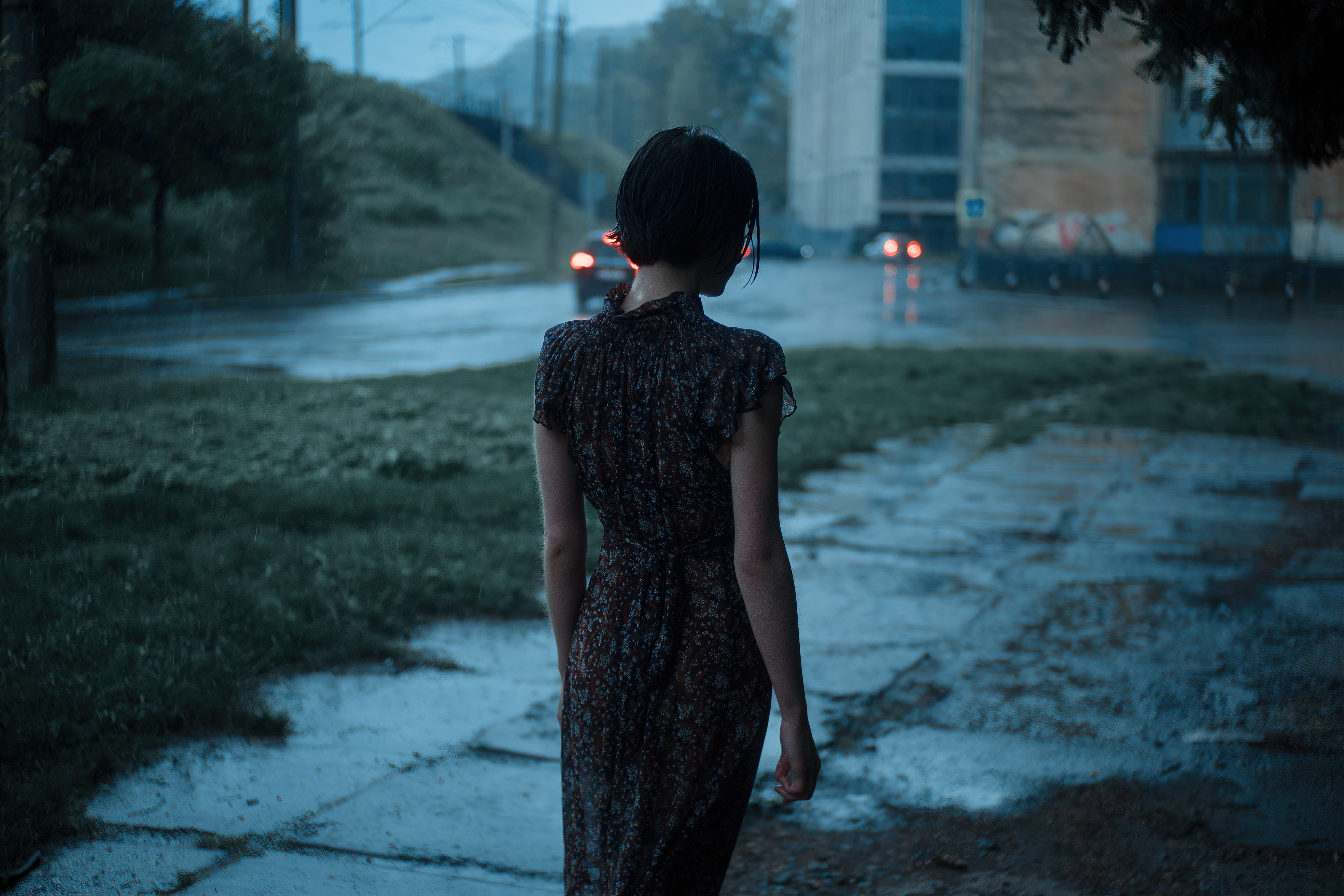 People 3936x2624 lights car wet rain women outdoors outdoors rear view night model photography dark hair women