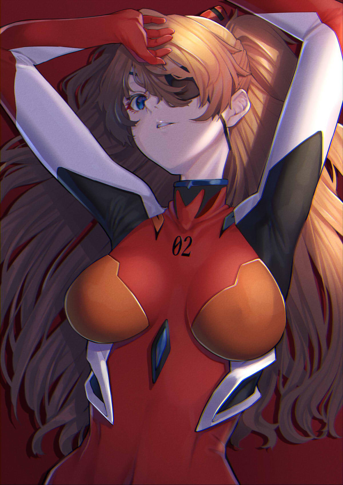 Anime 1200x1694 anime anime girls Neon Genesis Evangelion portrait display Asuka Langley Soryu Mikan big boobs wide breasts belly button arms up parted lips ecchi lying on back long hair blue eyes redhead bangs plugsuit red background fan art hair in face eyepatches bodysuit