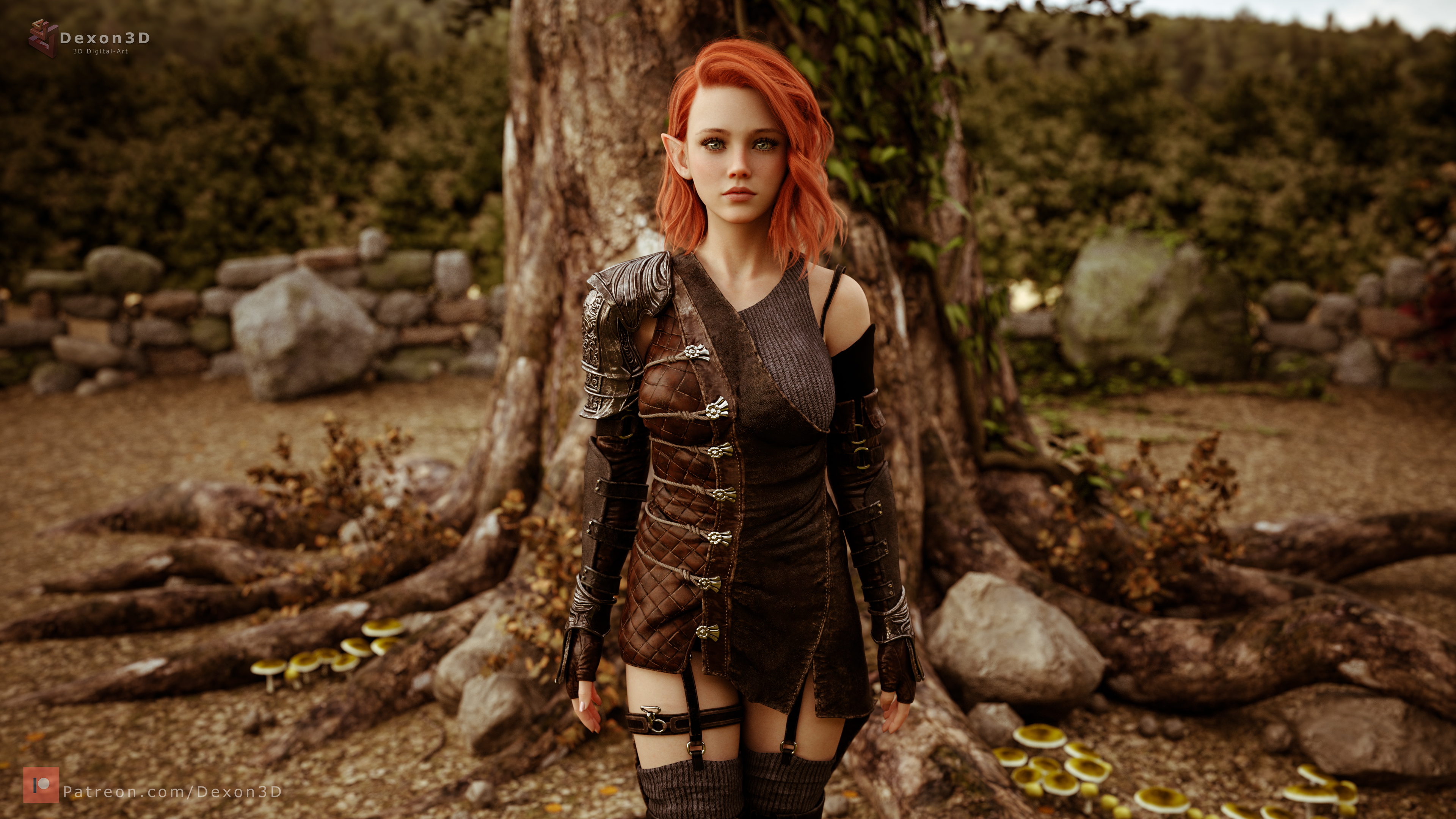 General 3840x2160 Dexon3D CGI women pointy ears redhead fantasy girl leather nature elves trees Root ground looking at viewer standing digital art watermarked outdoors women outdoors rocks depth of field